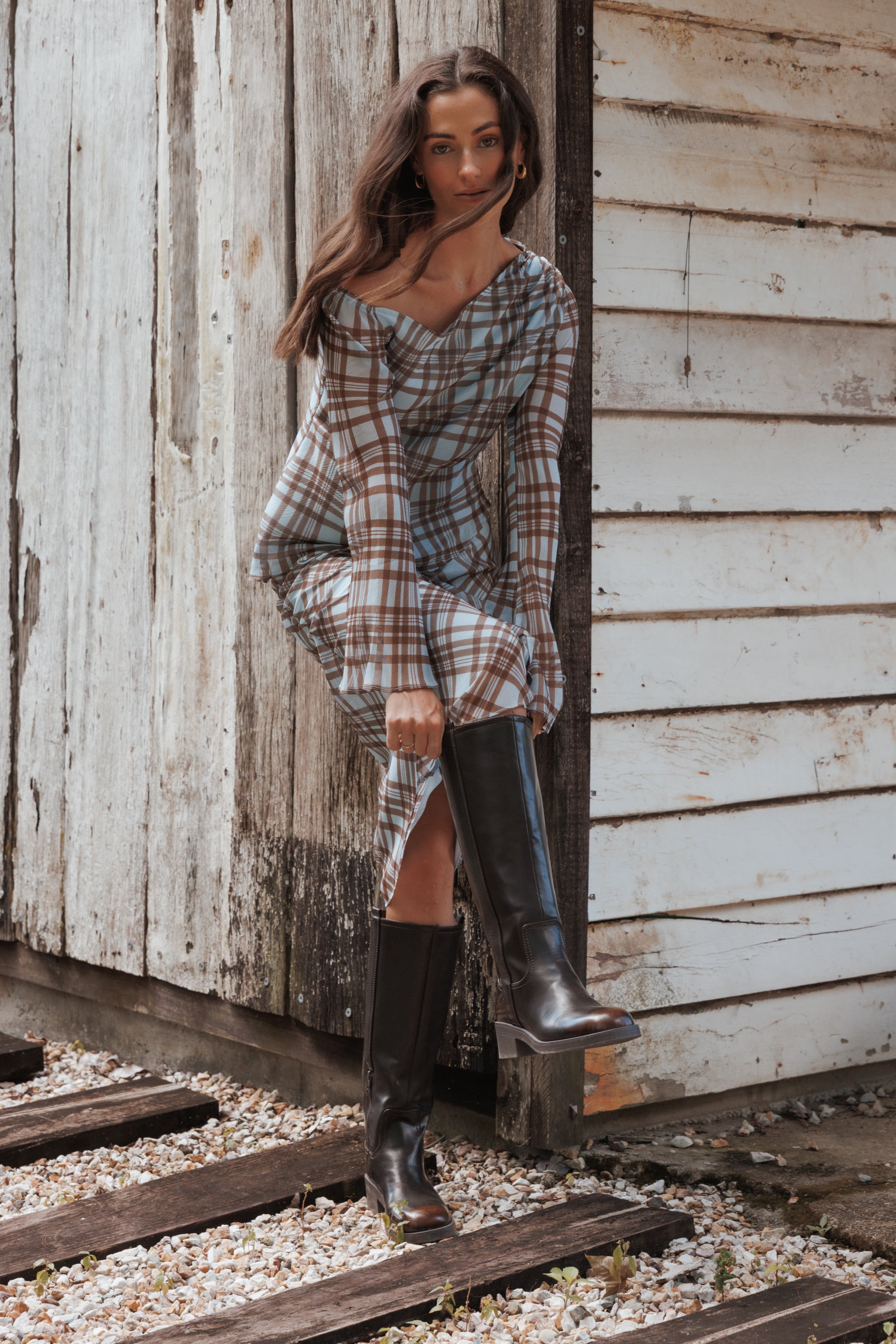 Petal and Pup USA TOPS Caitriona Cowl Neck Top - Blue Plaid