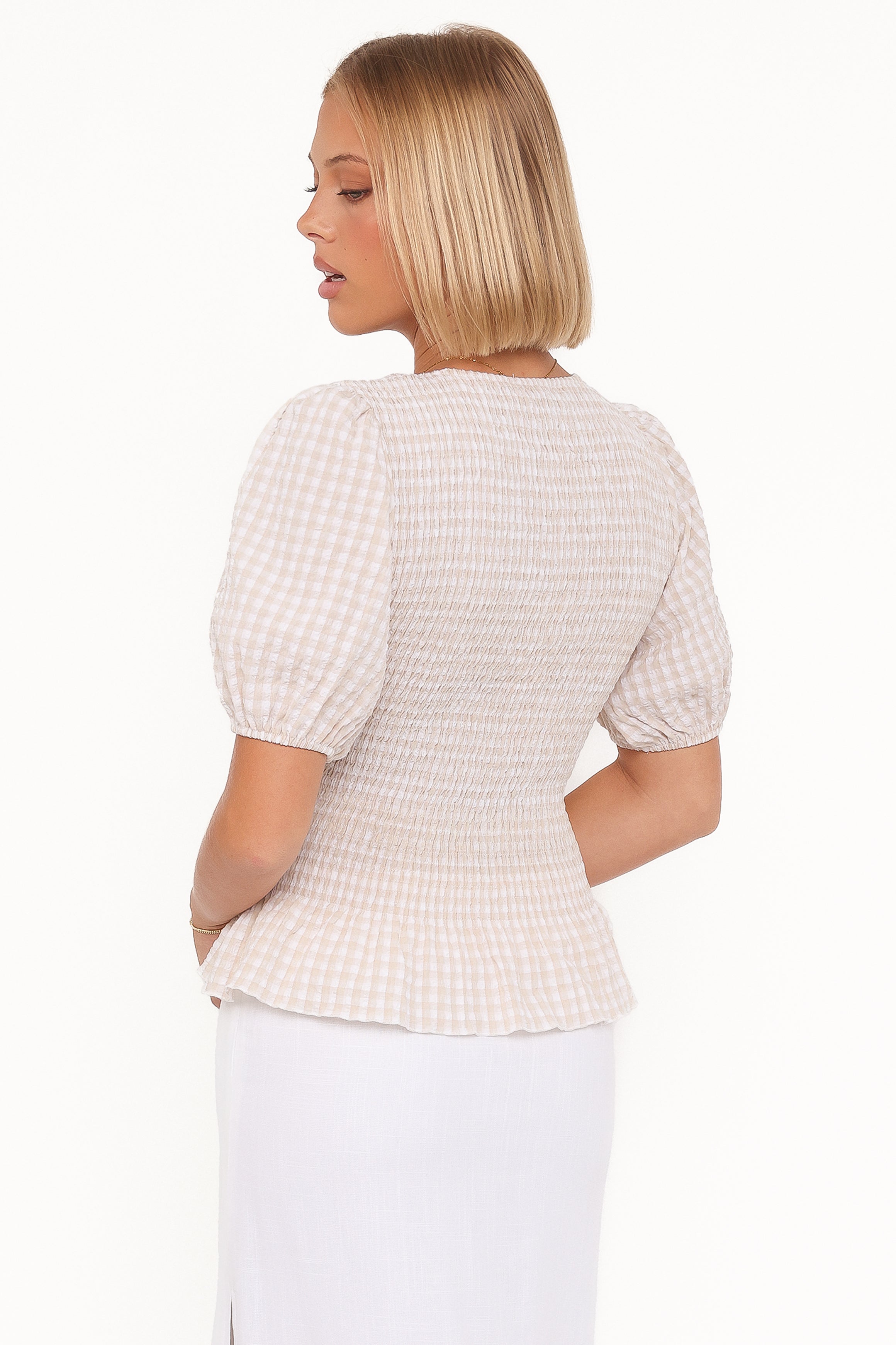 Petal and Pup USA TOPS Callista Shirred Waist Top - Beige Gingham