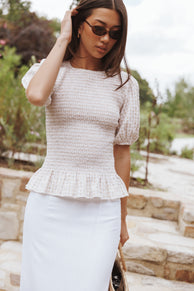 Petal and Pup USA TOPS Callista Shirred Waist Top - Beige Gingham