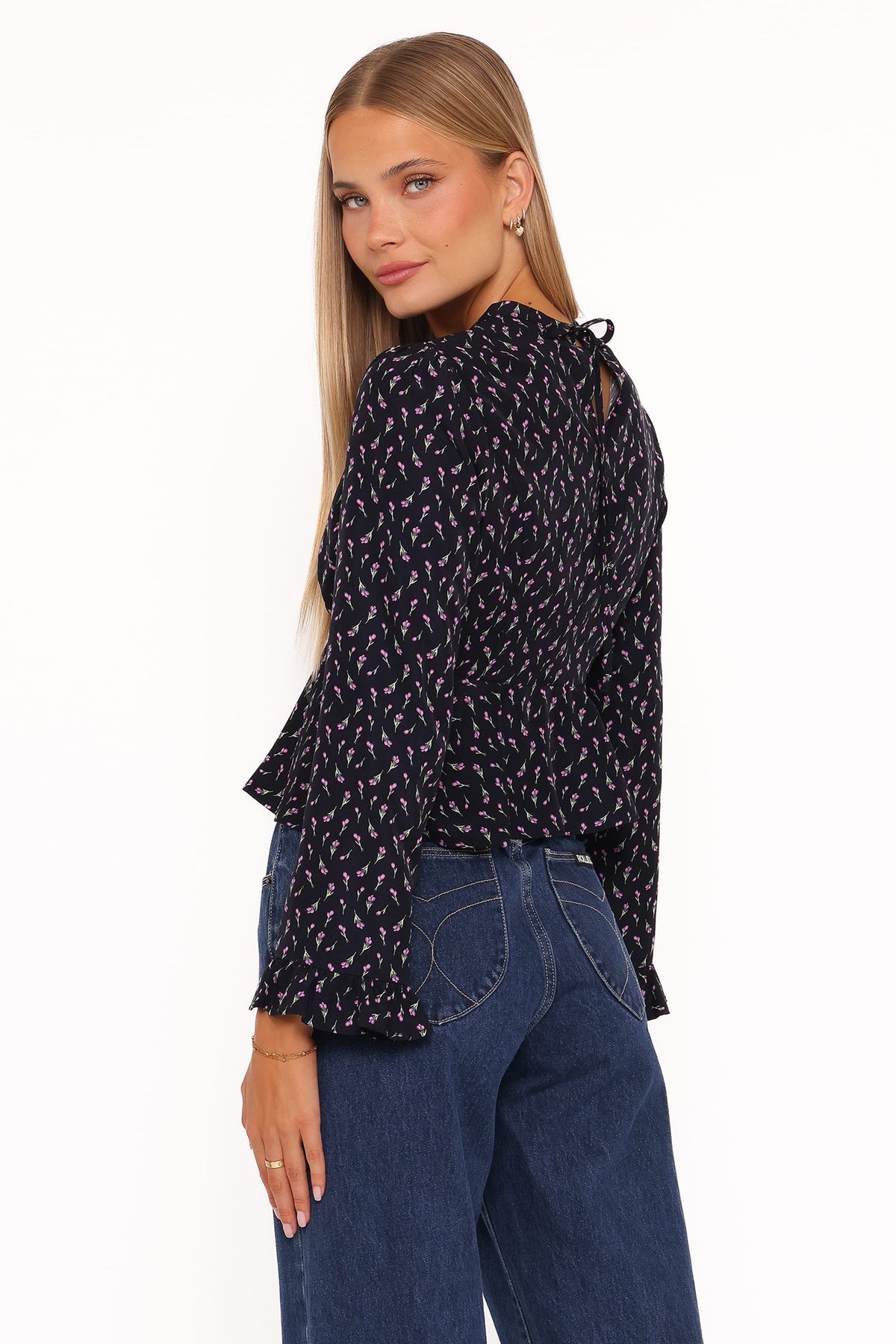 Petal and Pup USA TOPS Caoimhe Lace Inset Top - Navy Tulip Floral