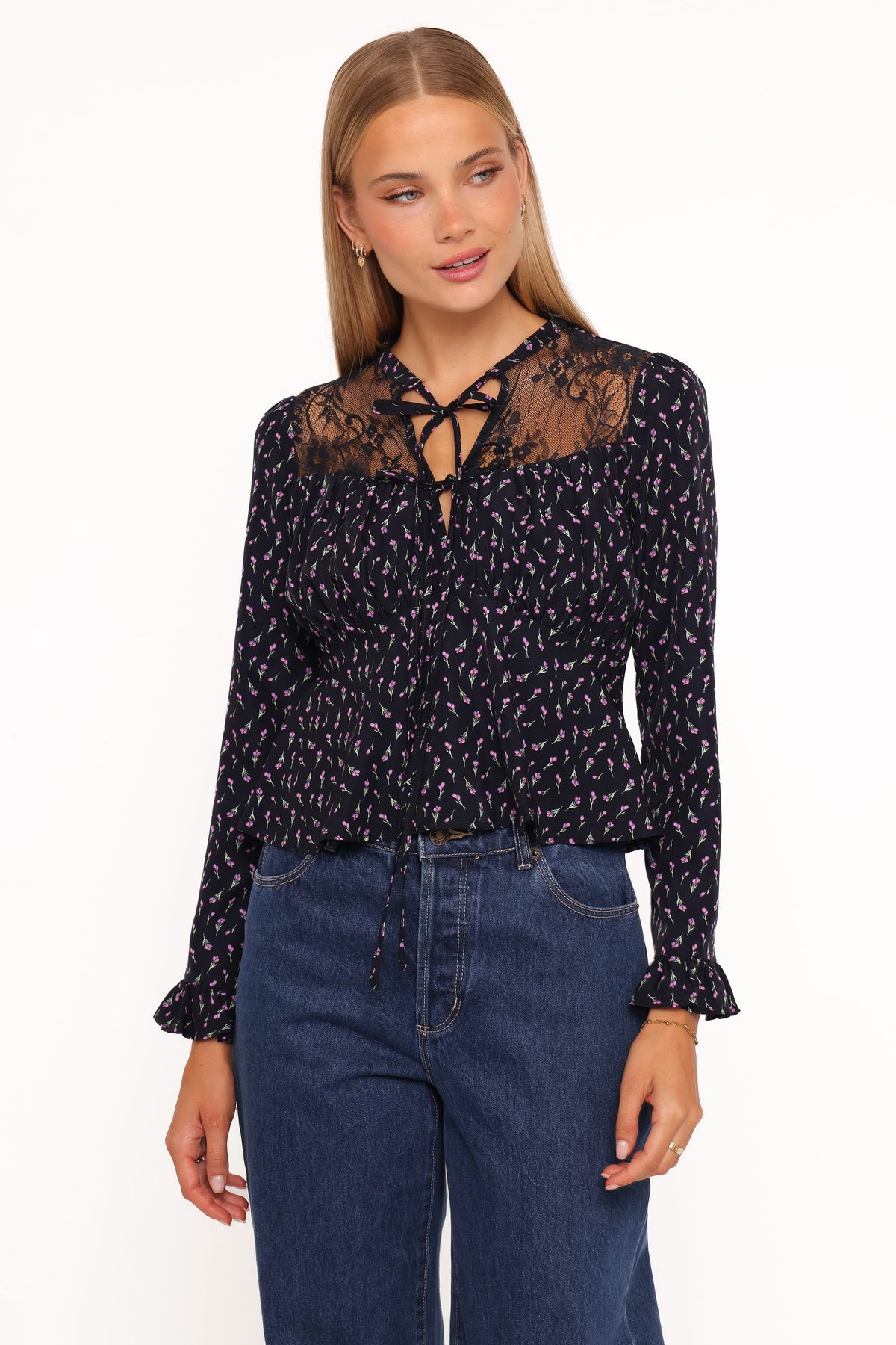 Petal and Pup USA TOPS Caoimhe Lace Inset Top - Navy Tulip Floral