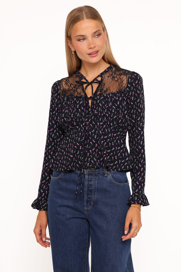 Petal and Pup USA TOPS Caoimhe Lace Inset Top - Navy Tulip Floral