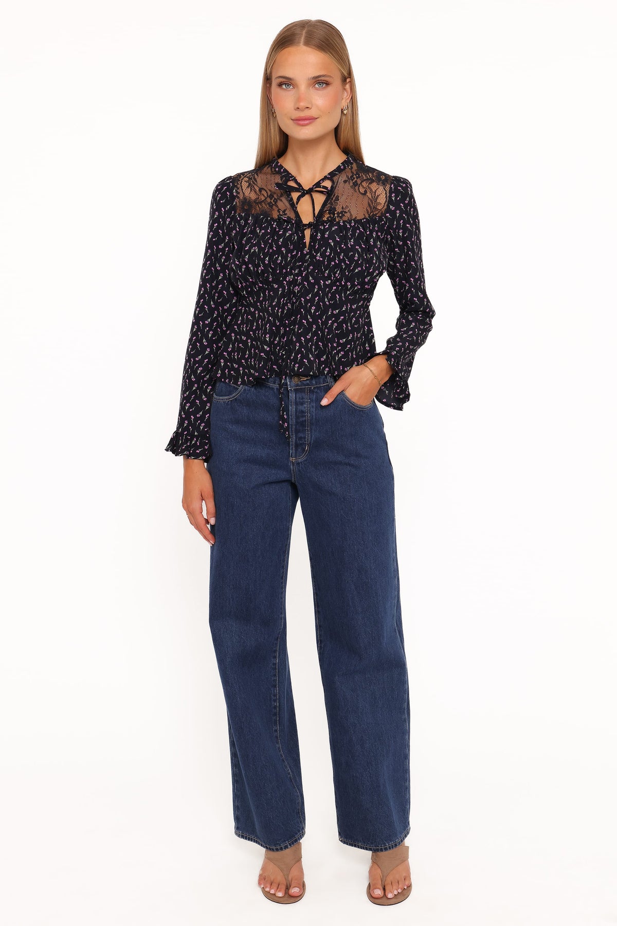Petal and Pup USA TOPS Caoimhe Lace Inset Top - Navy Tulip Floral