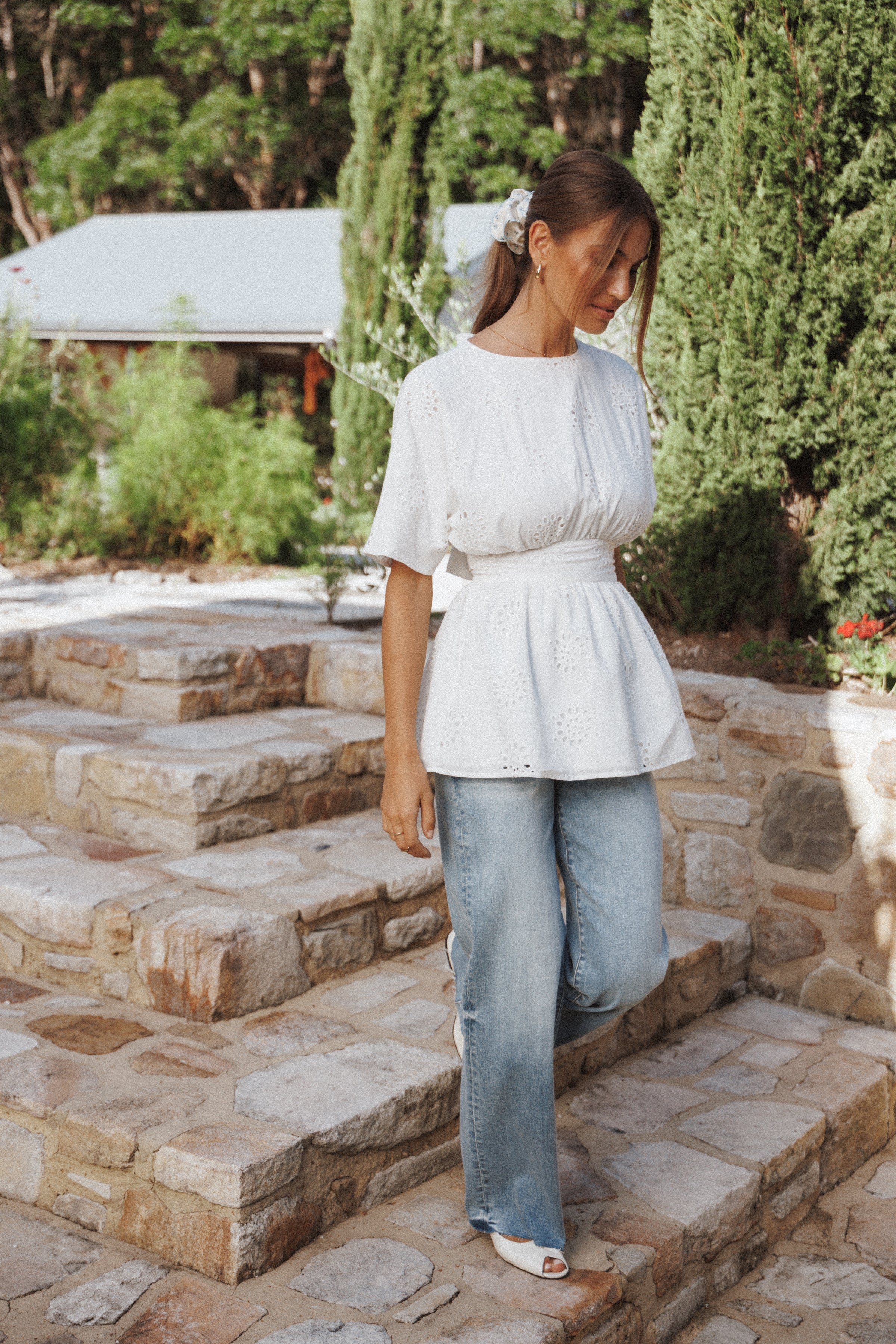 Petal and Pup USA TOPS Carmel Tie Back Tunic Top - White Embroidery