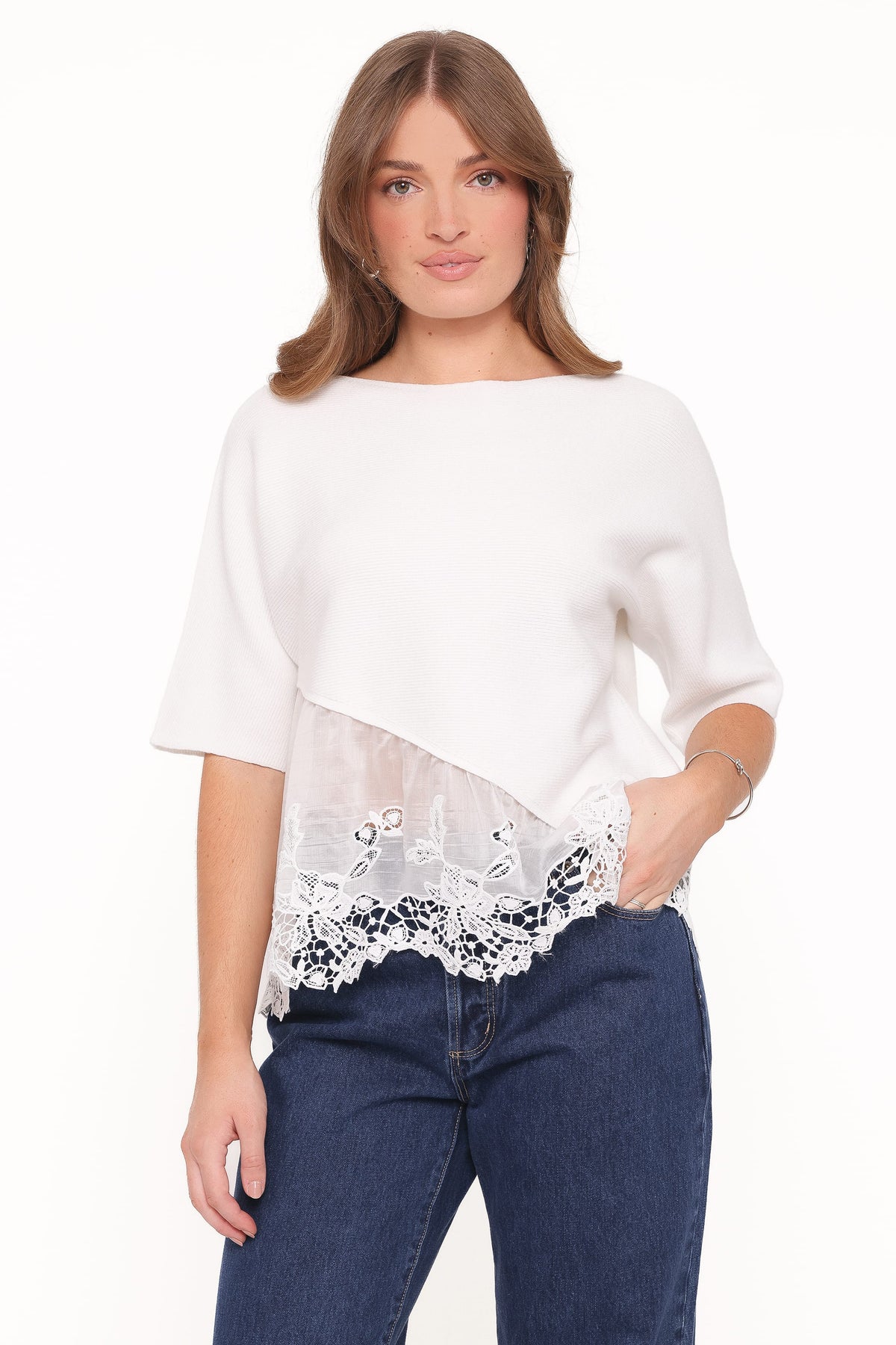 Petal and Pup USA TOPS Chase Lace Hem Ribbed Top - Ivory