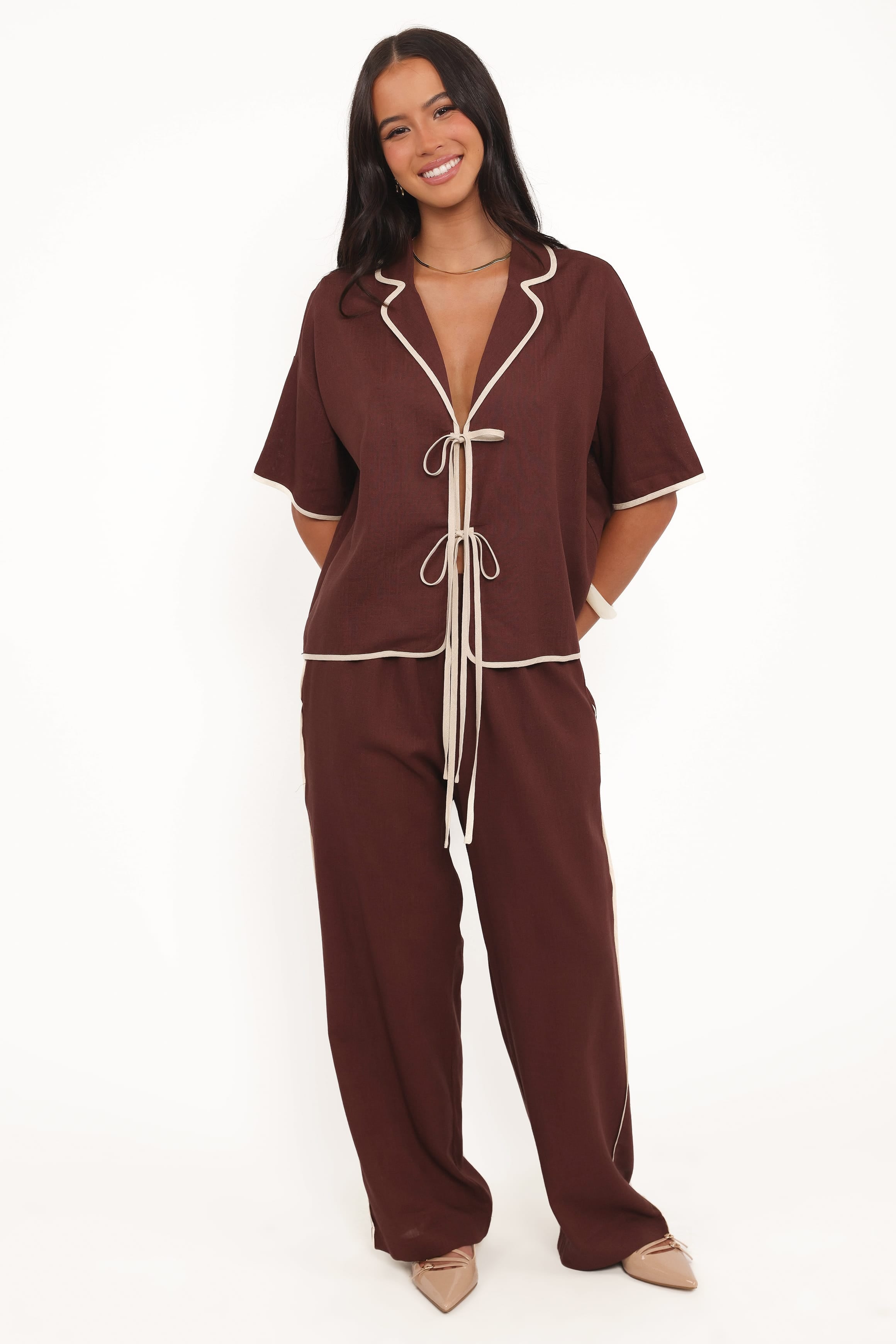 Petal and Pup USA TOPS Dalton Tie Top - Brown Cream