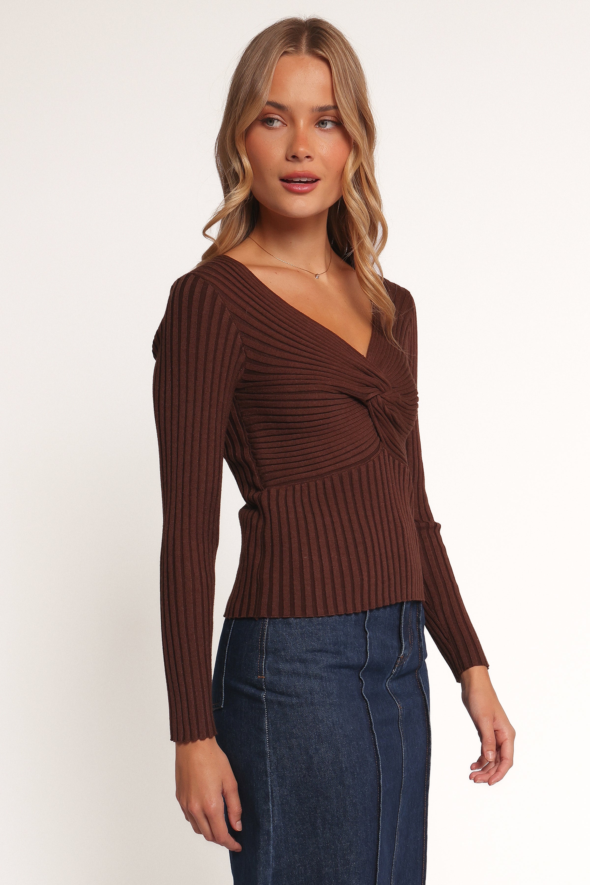 Petal and Pup USA TOPS Demi Twist Detail Knit Top - Brown