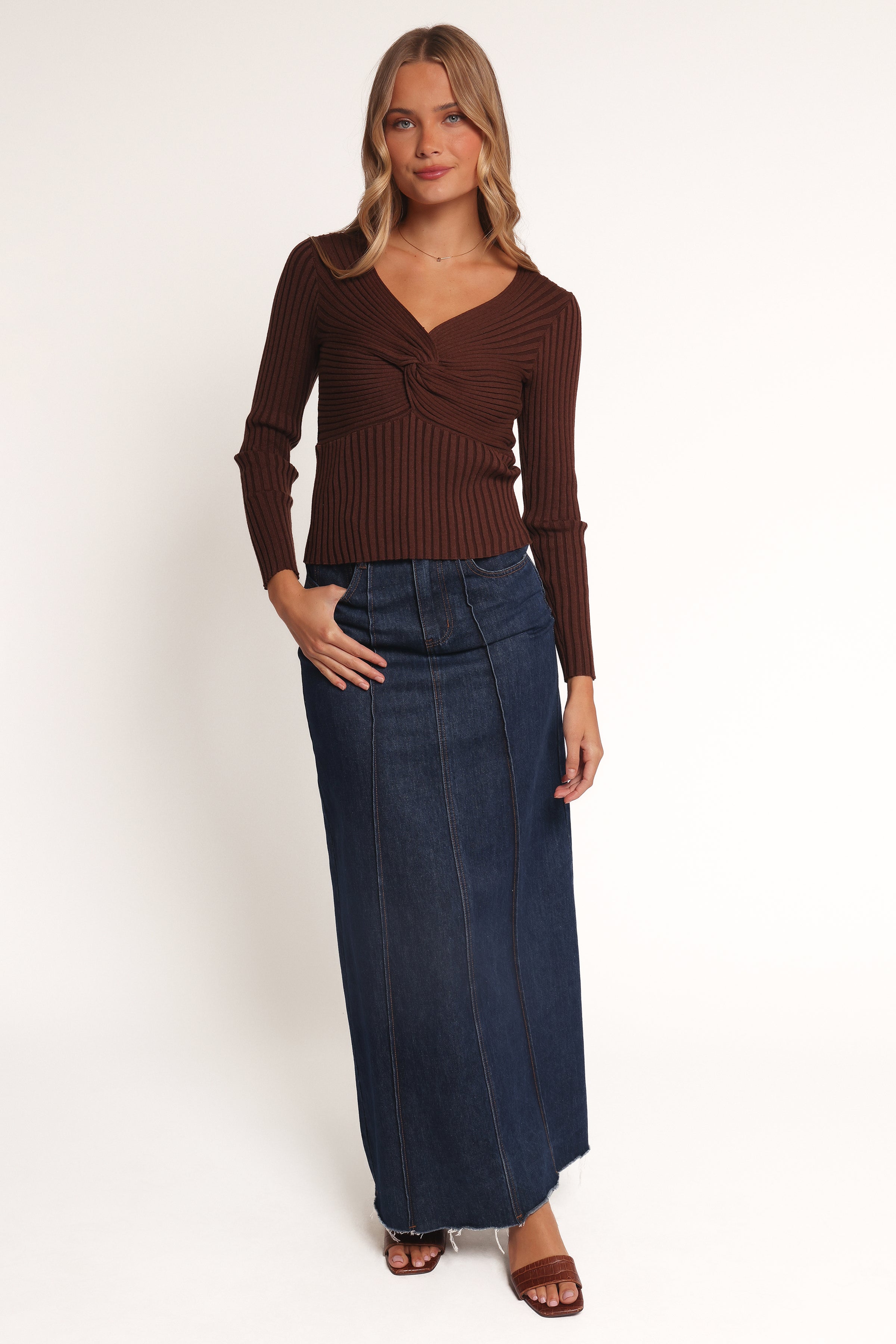Petal and Pup USA TOPS Demi Twist Detail Knit Top - Brown