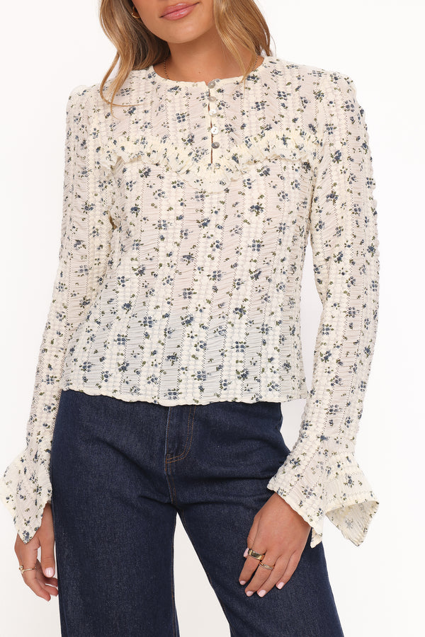 Petal and Pup USA TOPS Eira Textured Ruffle Top - Cream Blue Floral