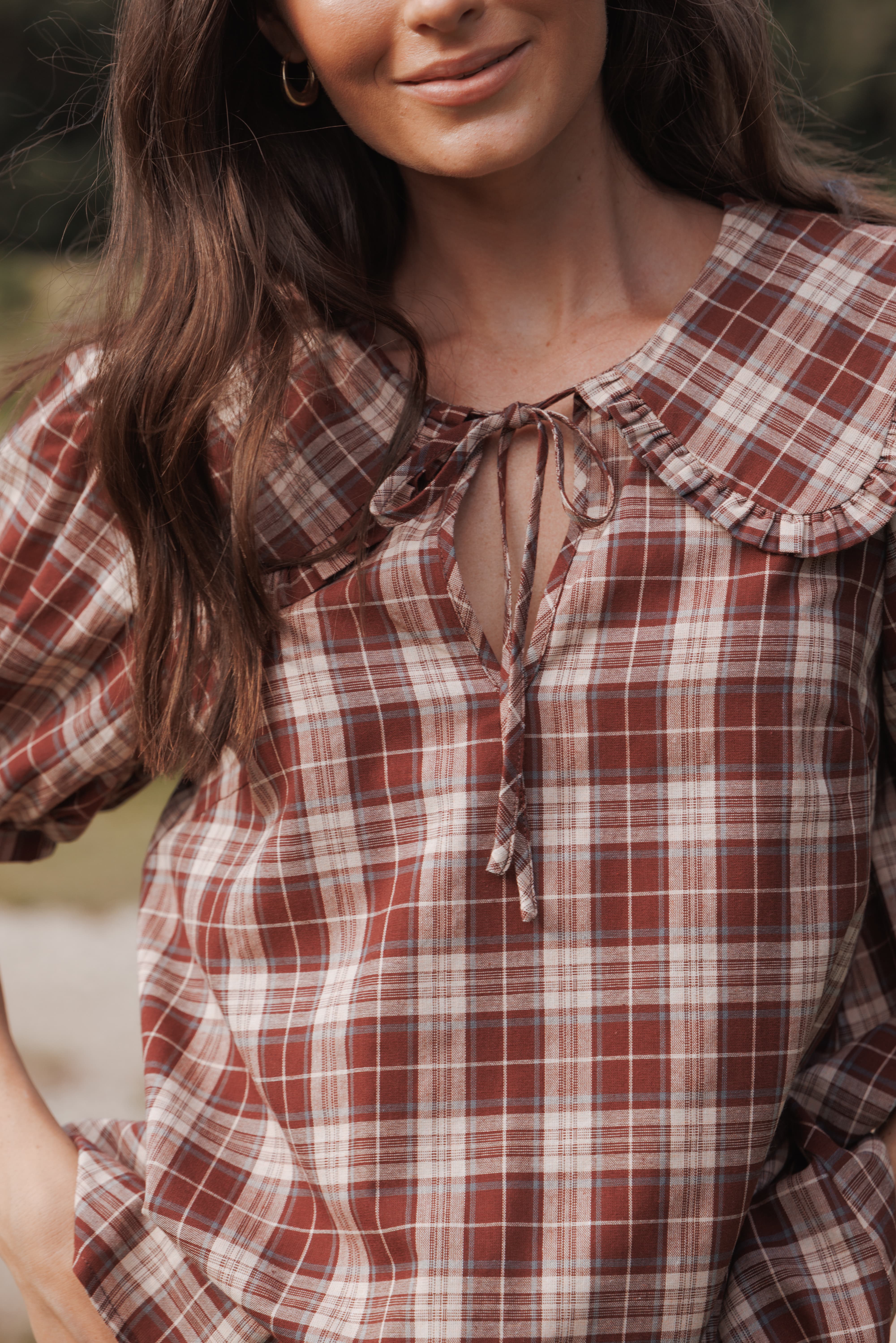 Petal and Pup USA TOPS Evandri Frill Collar Top - Burgundy Plaid