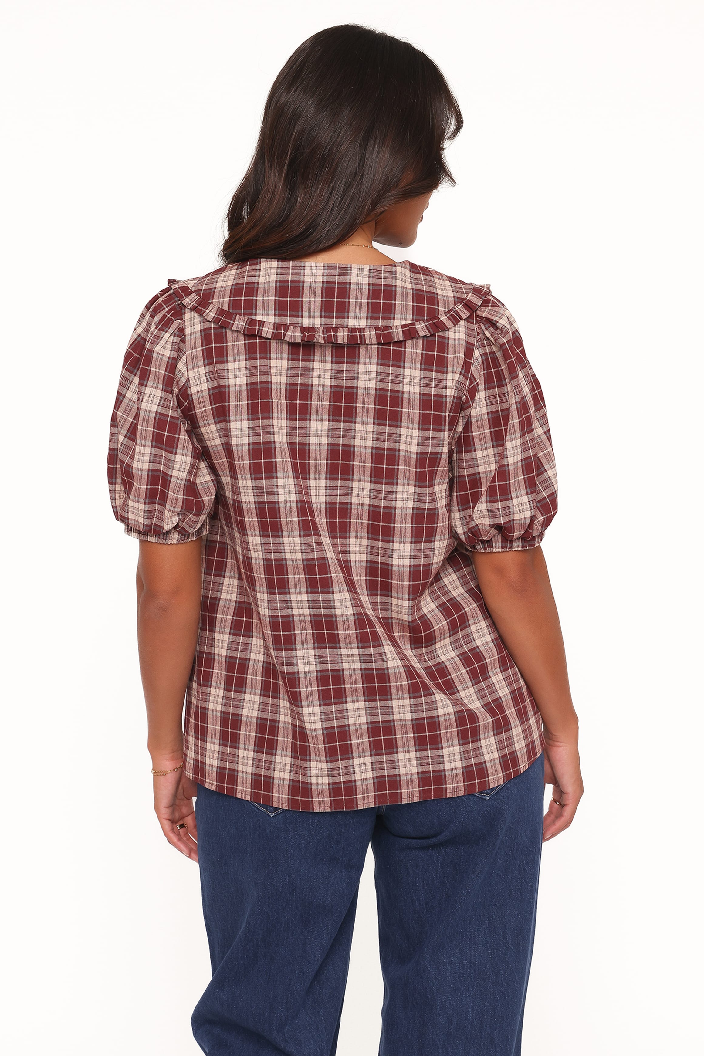 Petal and Pup USA TOPS Evandri Frill Collar Top - Burgundy Plaid