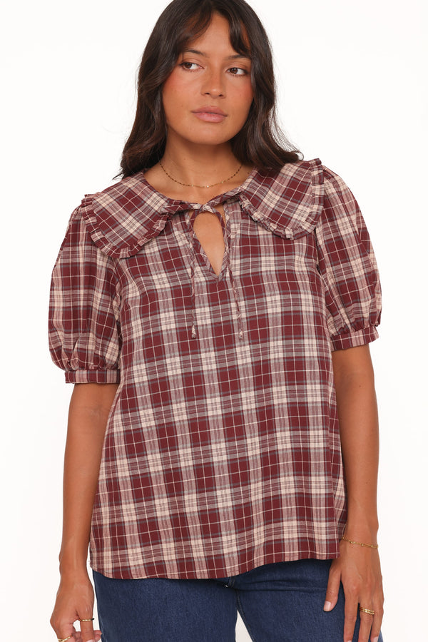 Petal and Pup USA TOPS Evandri Frill Collar Top - Burgundy Plaid