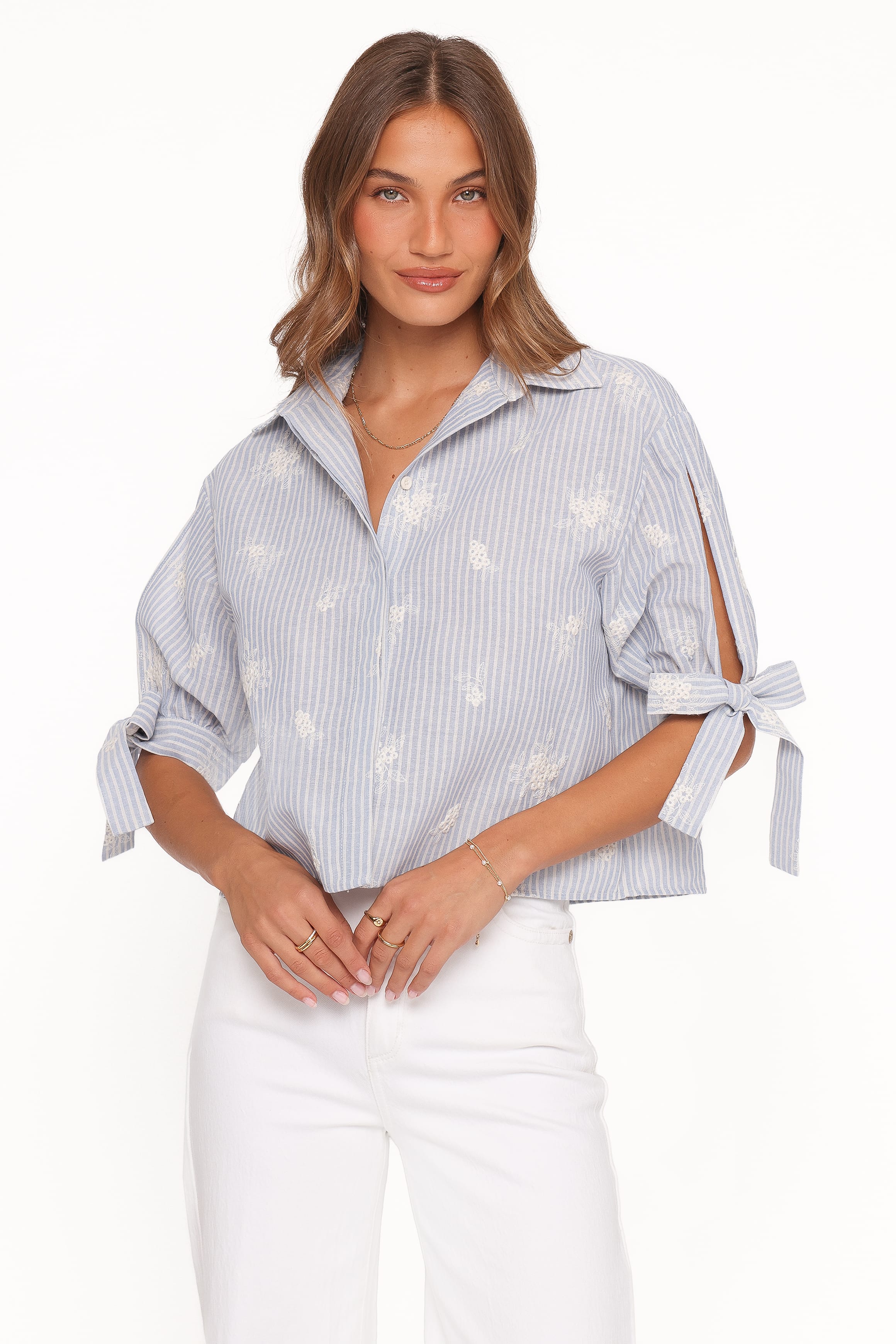 Petal and Pup USA TOPS Floriana Tie Sleeve Shirt - Blue Stripe