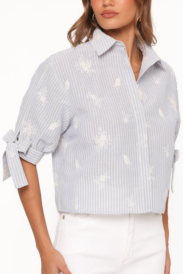 Petal and Pup USA TOPS Floriana Tie Sleeve Shirt - Blue Stripe