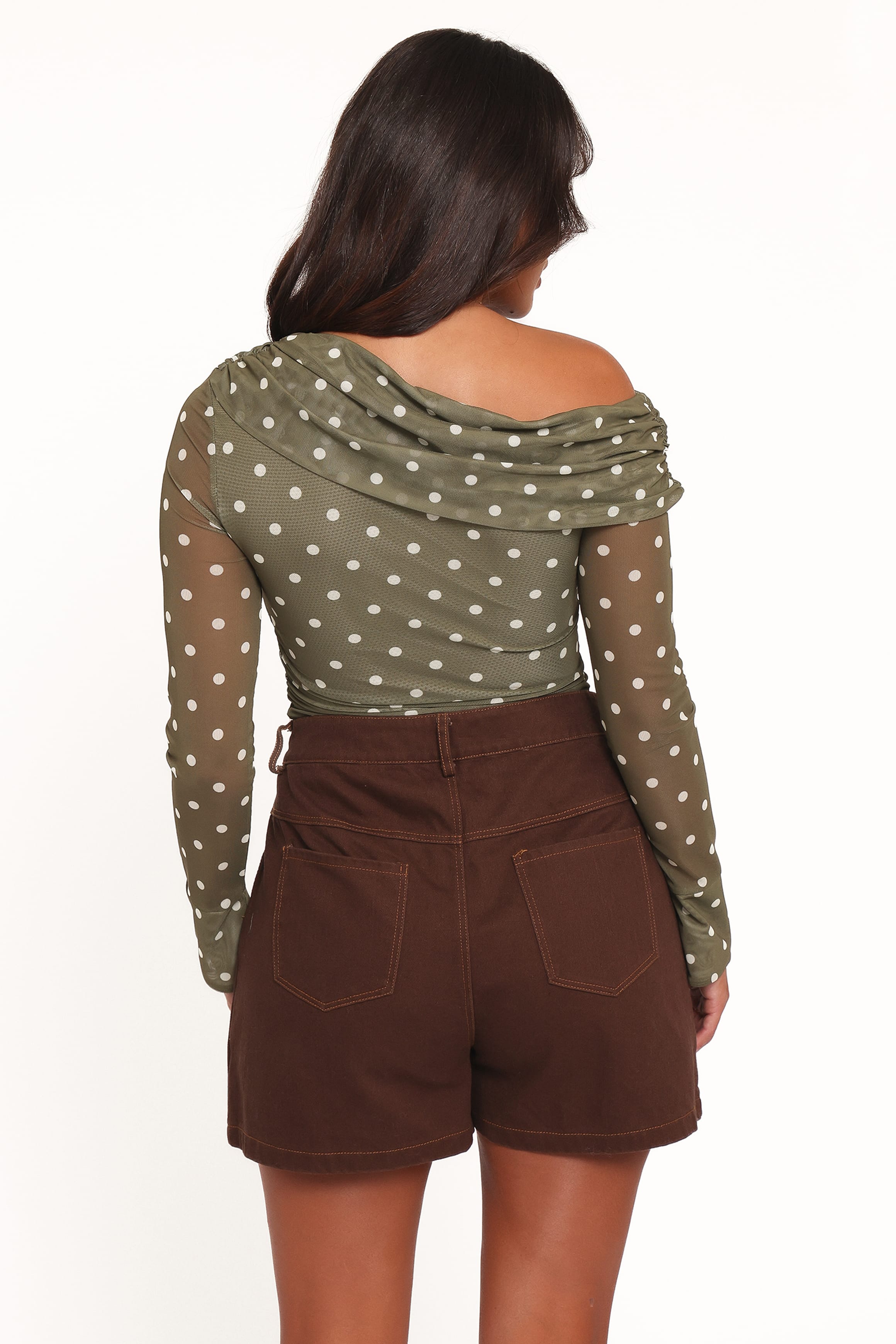 Petal and Pup USA TOPS Ginevra Off Shoulder Mesh Top - Green Polka Dot