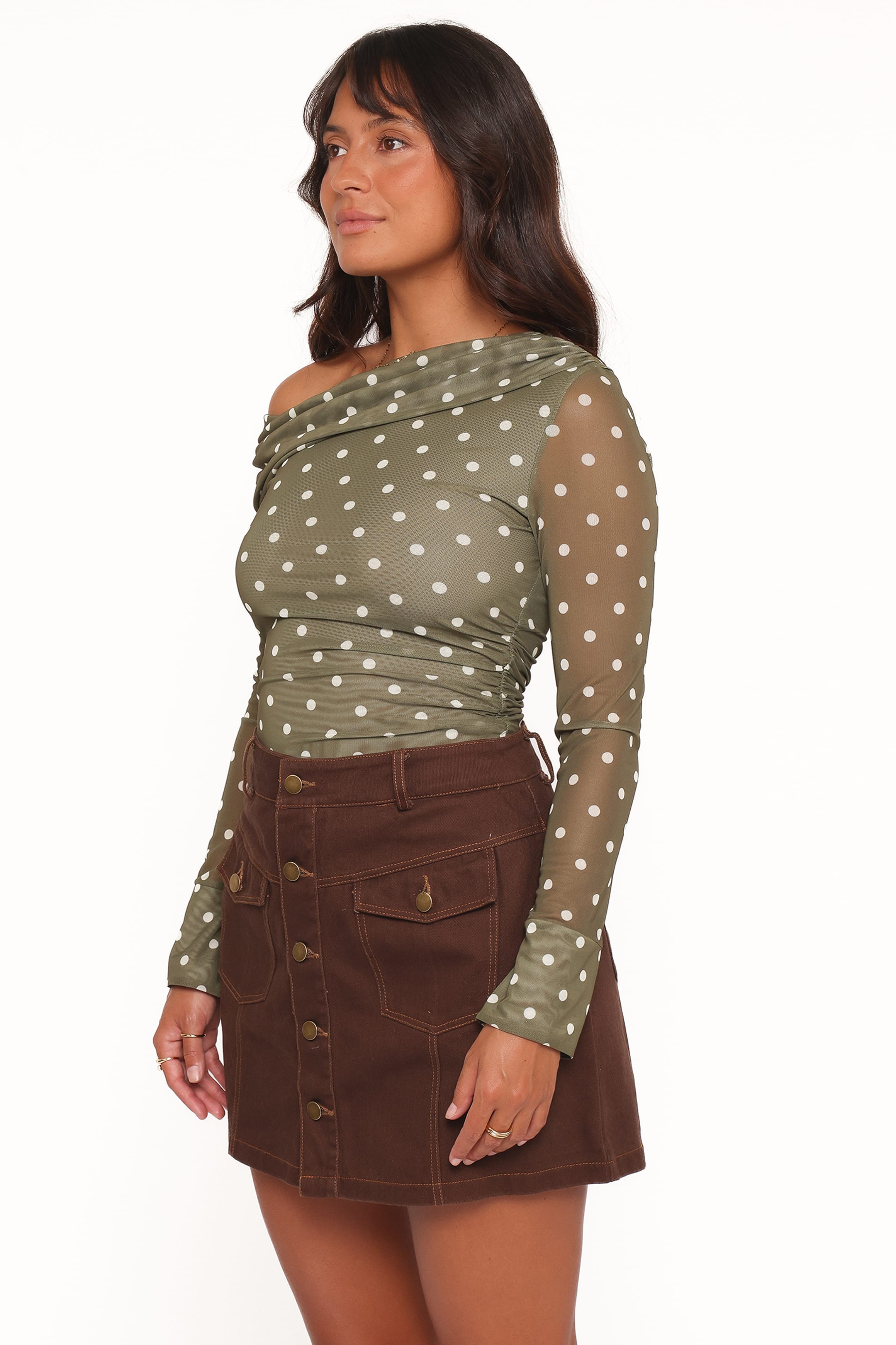 Petal and Pup USA TOPS Ginevra Off Shoulder Mesh Top - Green Polka Dot