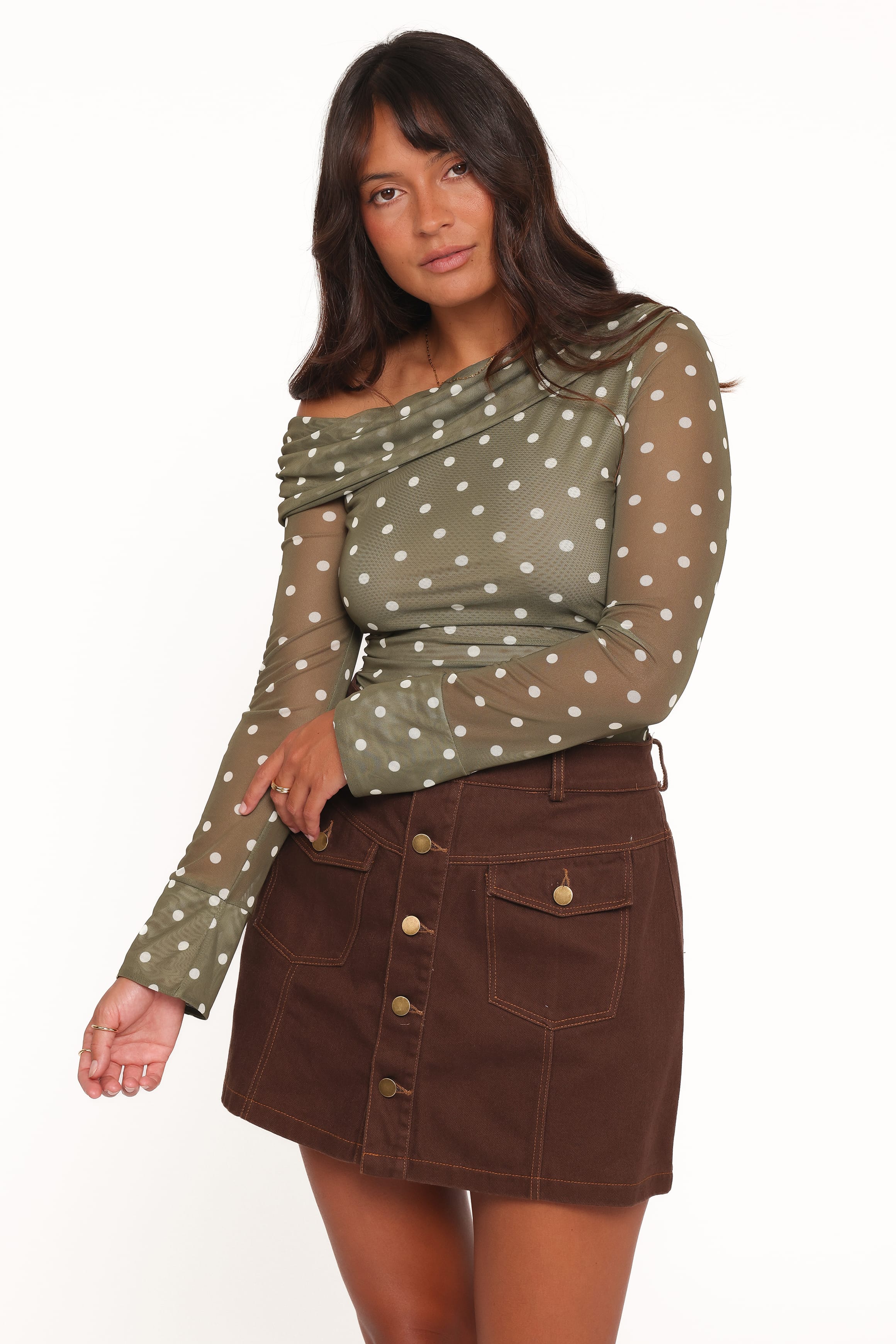 Petal and Pup USA TOPS Ginevra Off Shoulder Mesh Top - Green Polka Dot