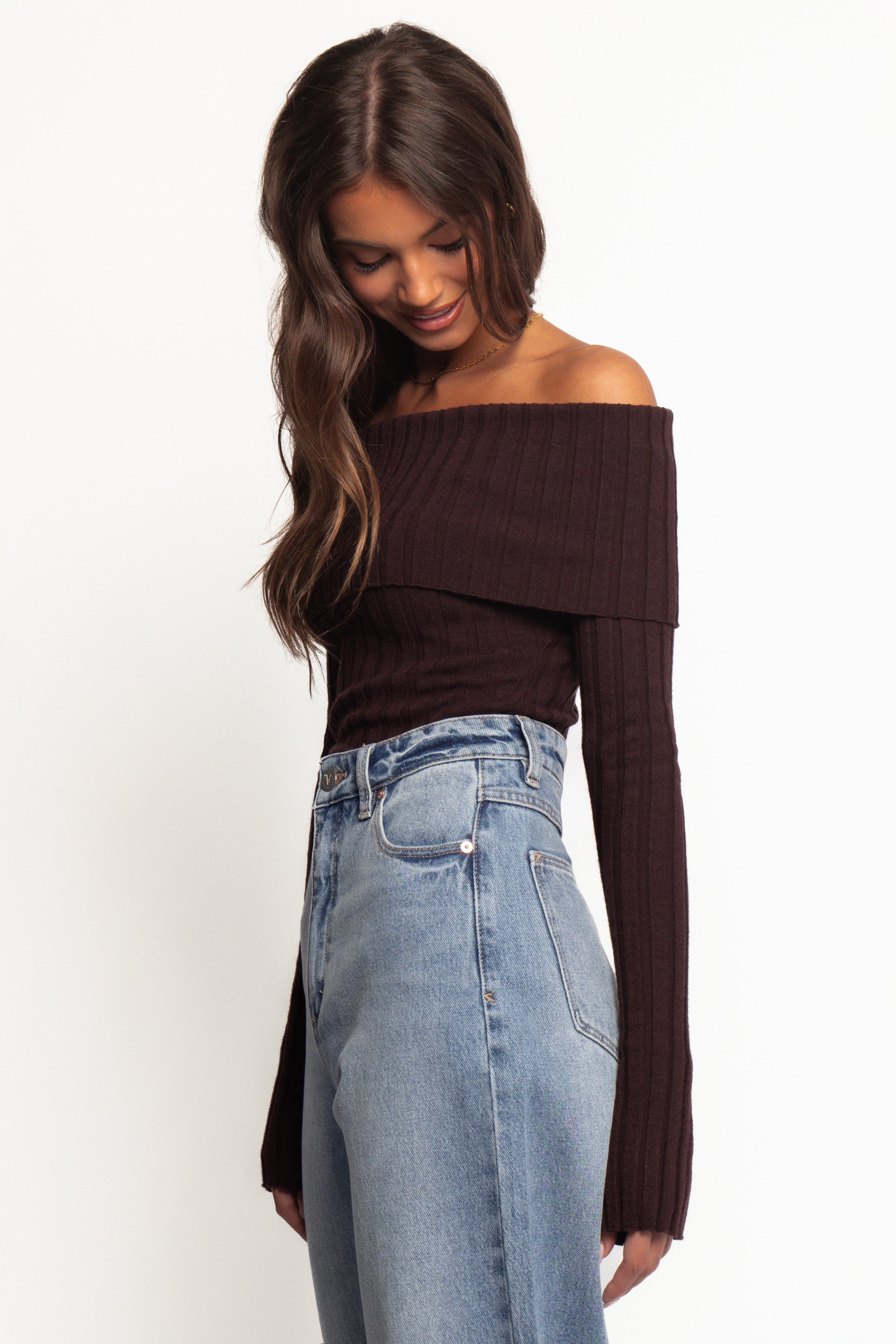 Petal and Pup USA TOPS Inora Off Shoulder Knit Top - Chocolate