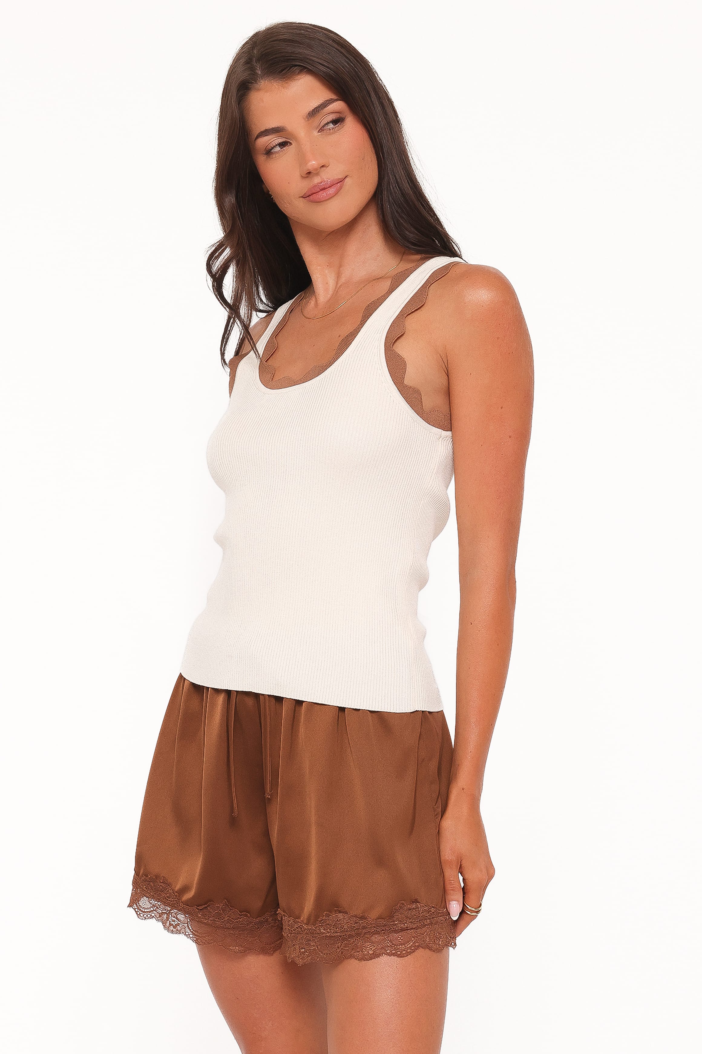 Petal and Pup USA TOPS Johnson Scalloped Trim Tank - Cream Brown