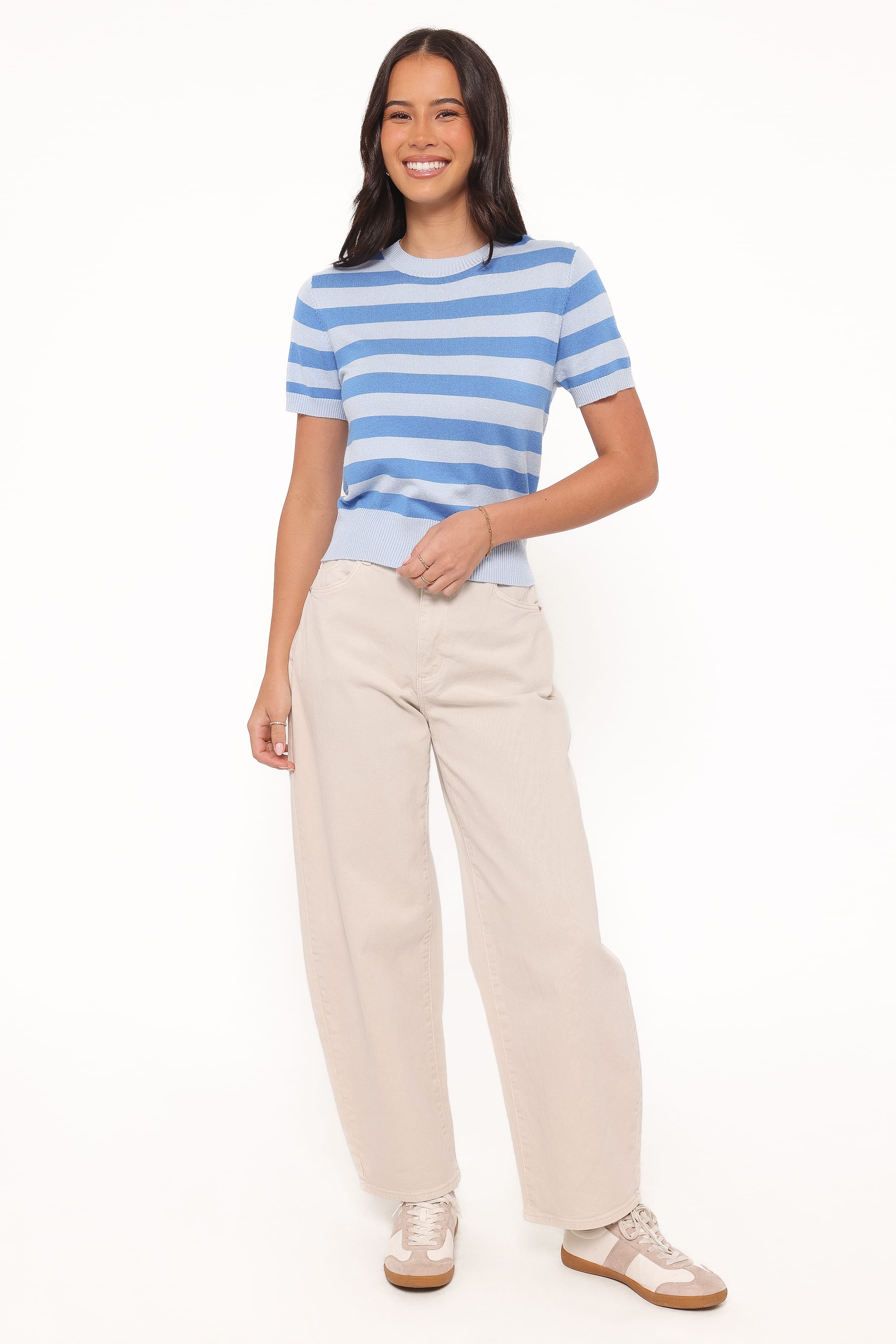 Joss Cropped Knitted Tee - Blue Stripe | Petal & Pup USA
