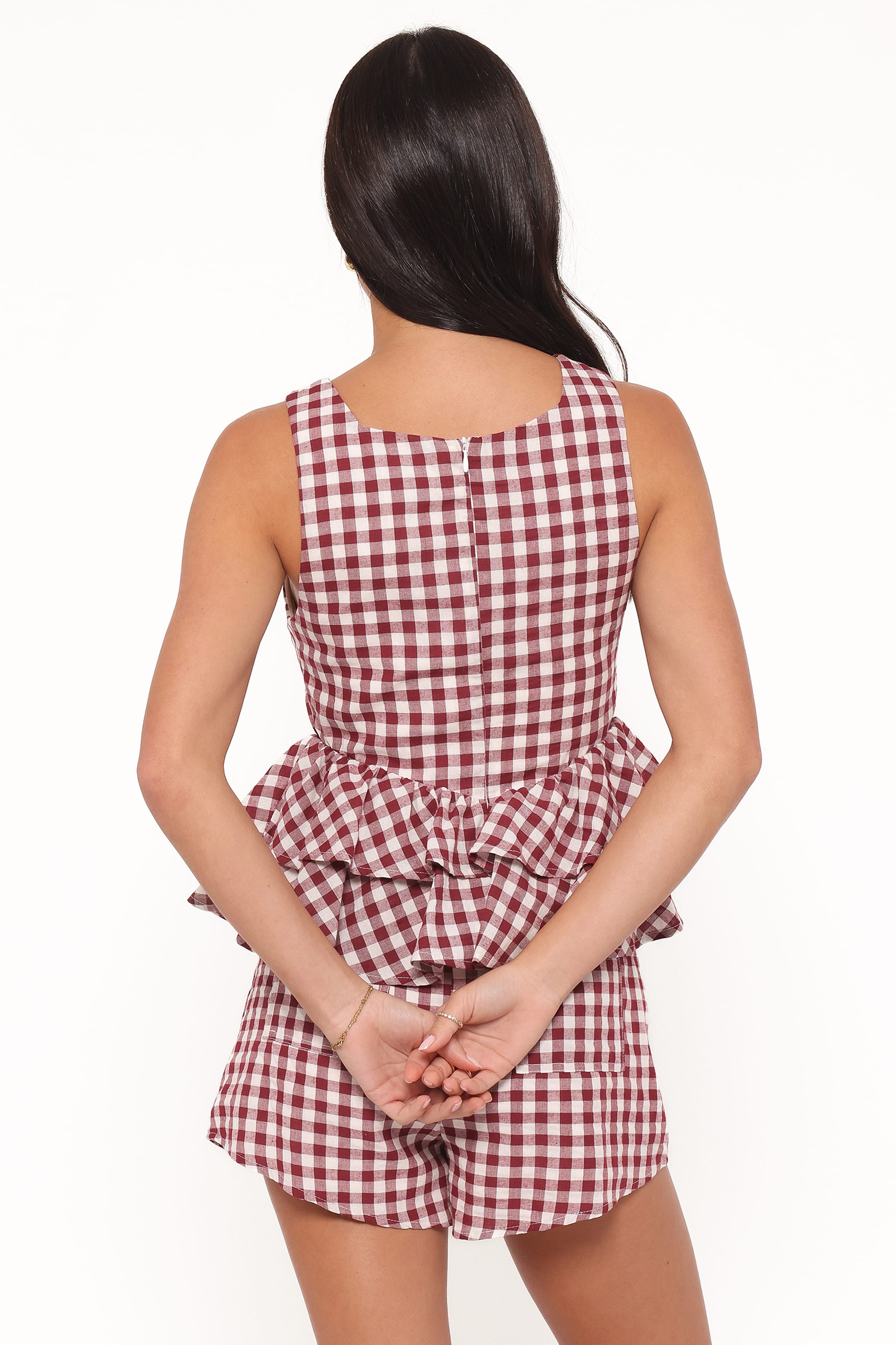Petal and Pup USA TOPS Landon Tiered Peplum Top - Burgundy Gingham