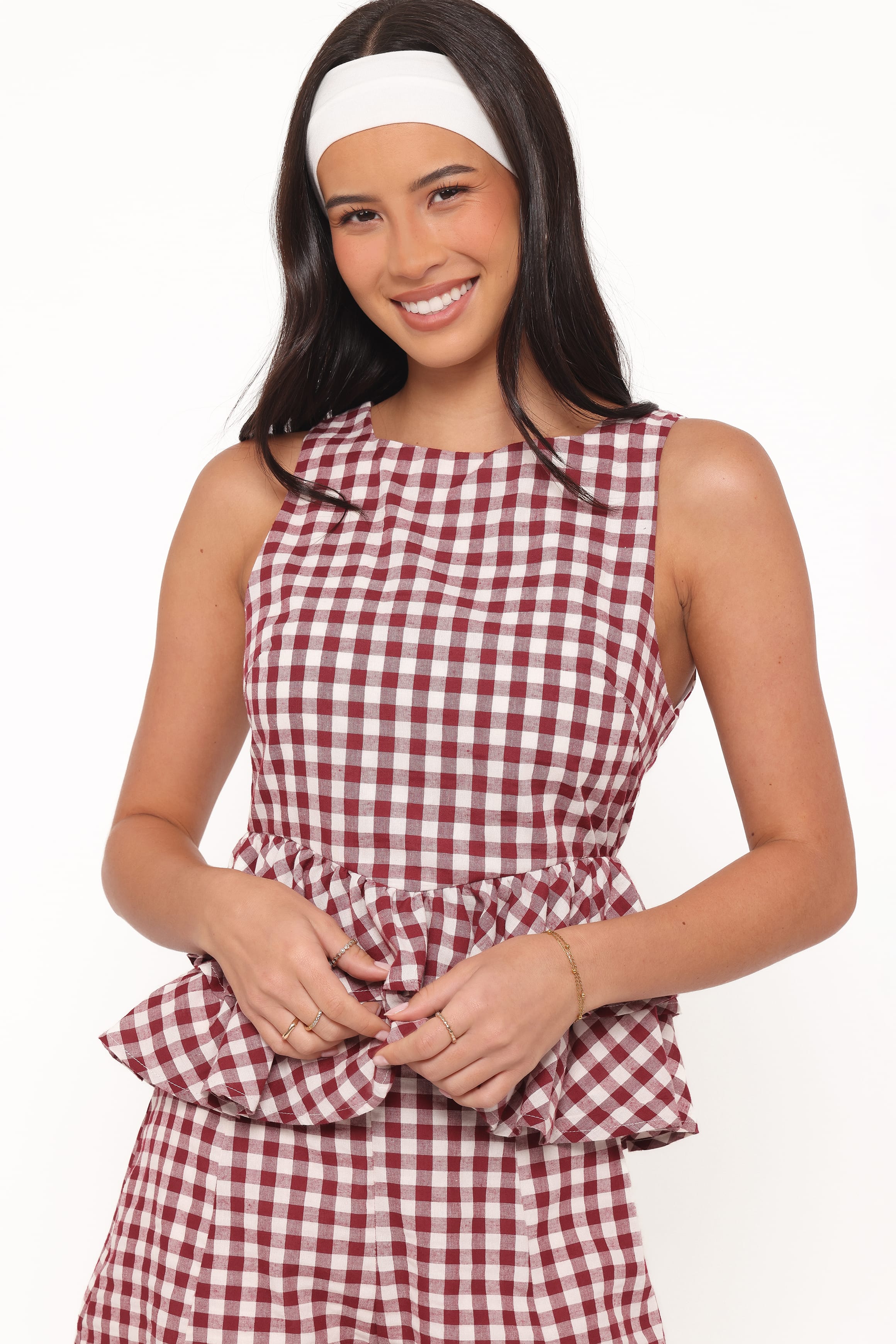 Petal and Pup USA TOPS Landon Tiered Peplum Top - Burgundy Gingham