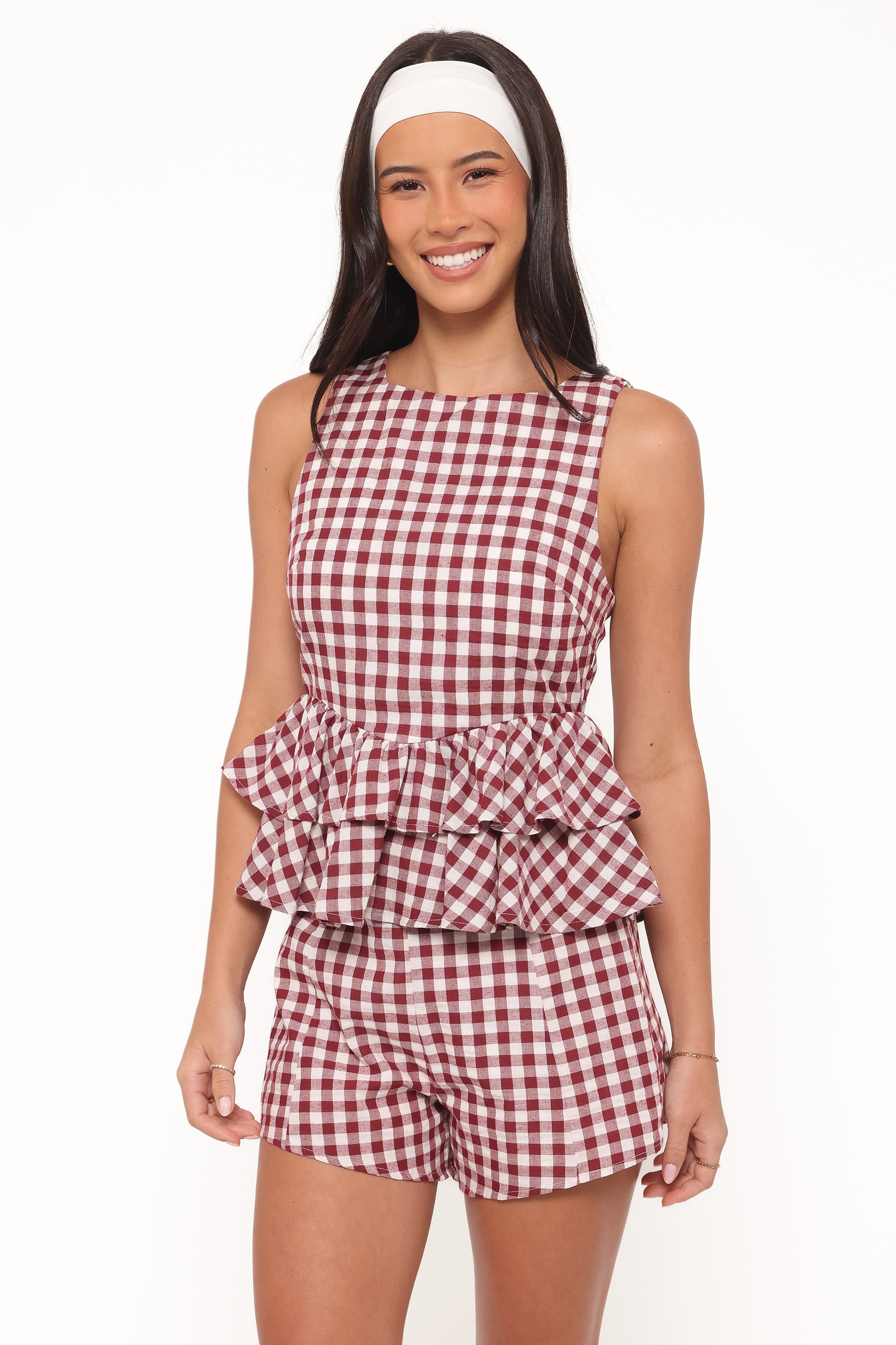 Petal and Pup USA TOPS Landon Tiered Peplum Top - Burgundy Gingham
