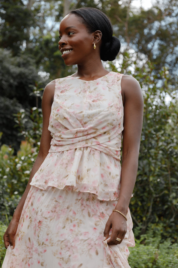 Petal and Pup USA TOPS Limona Peplum Top - Blurred Pink Floral