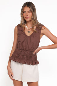 Petal and Pup USA TOPS Lucilla Shirred Waist Top - Chocolate