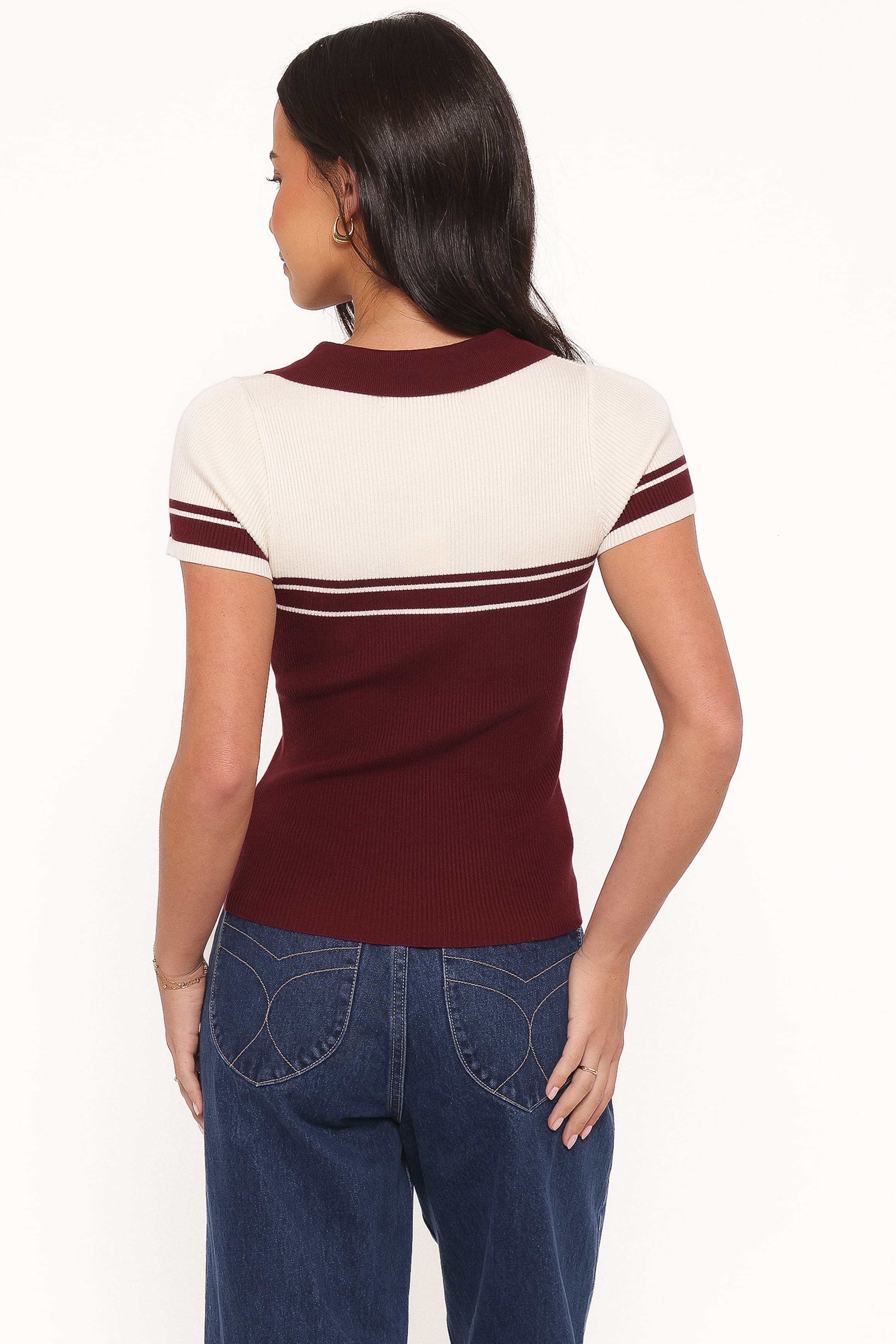 Petal and Pup USA TOPS Maris Knit Polo Top - Burgundy/Cream Stripe