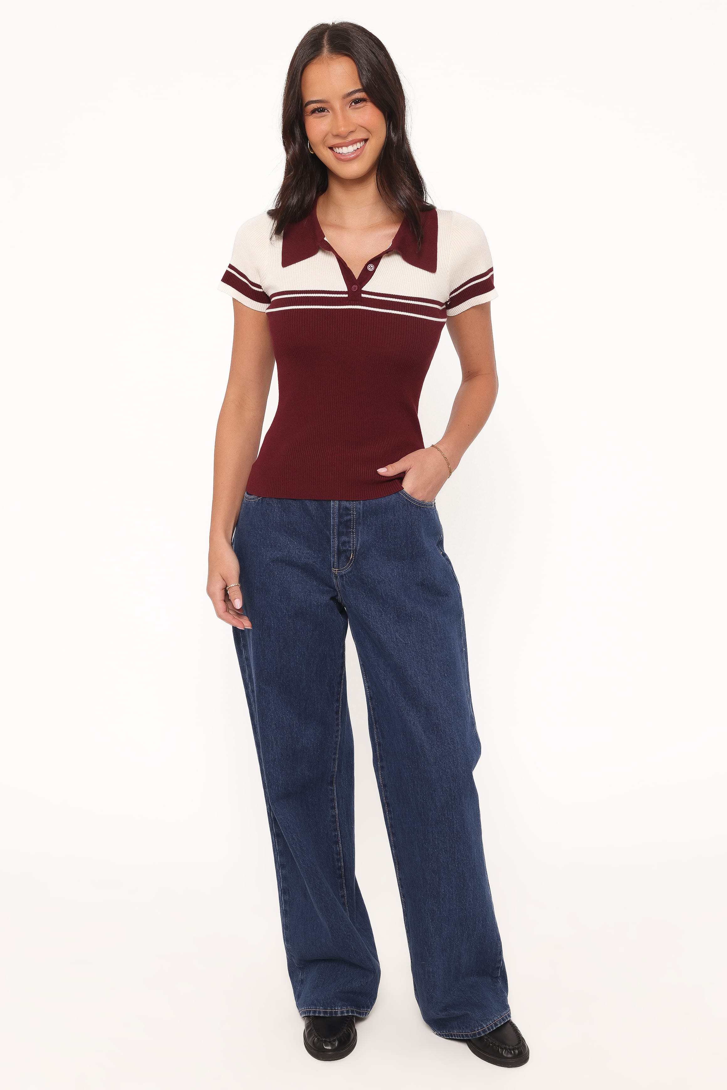 Petal and Pup USA TOPS Maris Knit Polo Top - Burgundy/Cream Stripe