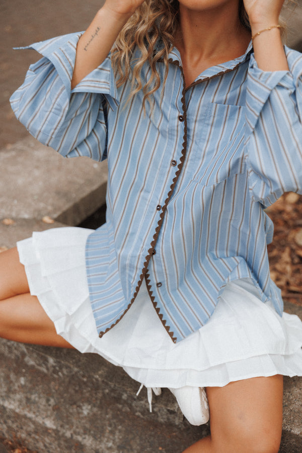 Petal and Pup USA TOPS Mila Button Up Shirt - Blue/Brown Stripe