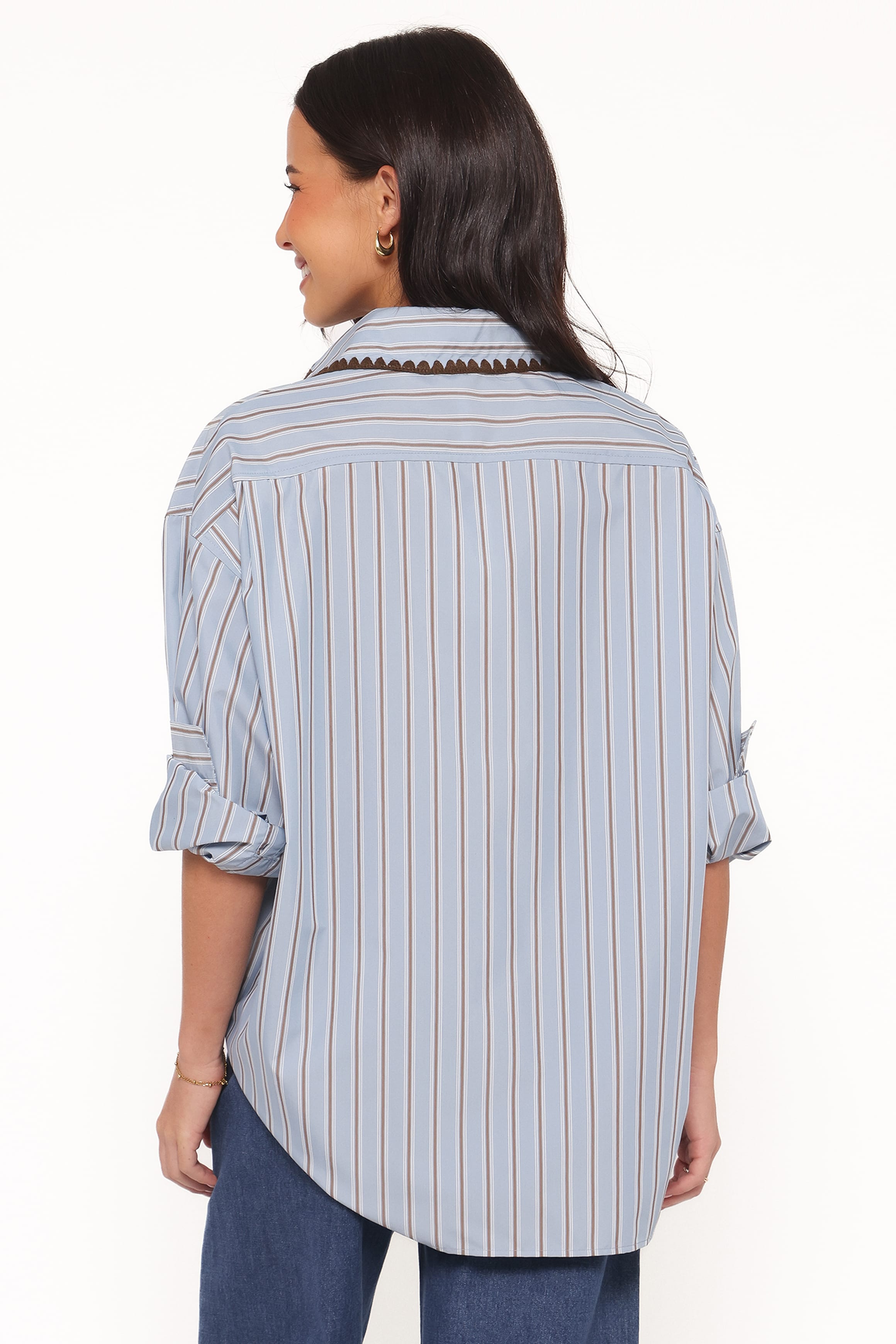 Petal and Pup USA TOPS Mila Button Up Shirt - Blue/Brown Stripe