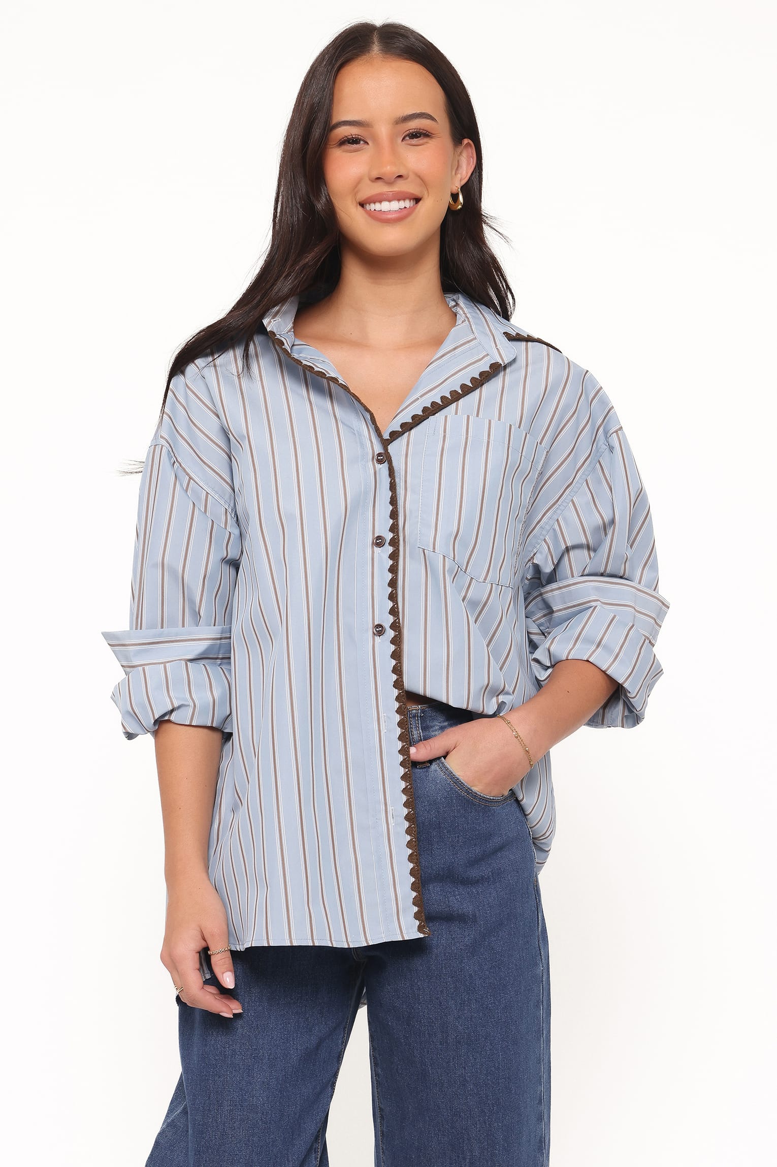 Petal and Pup USA TOPS Mila Button Up Shirt - Blue/Brown Stripe