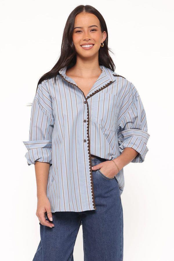 Petal and Pup USA TOPS Mila Button Up Shirt - Blue/Brown Stripe