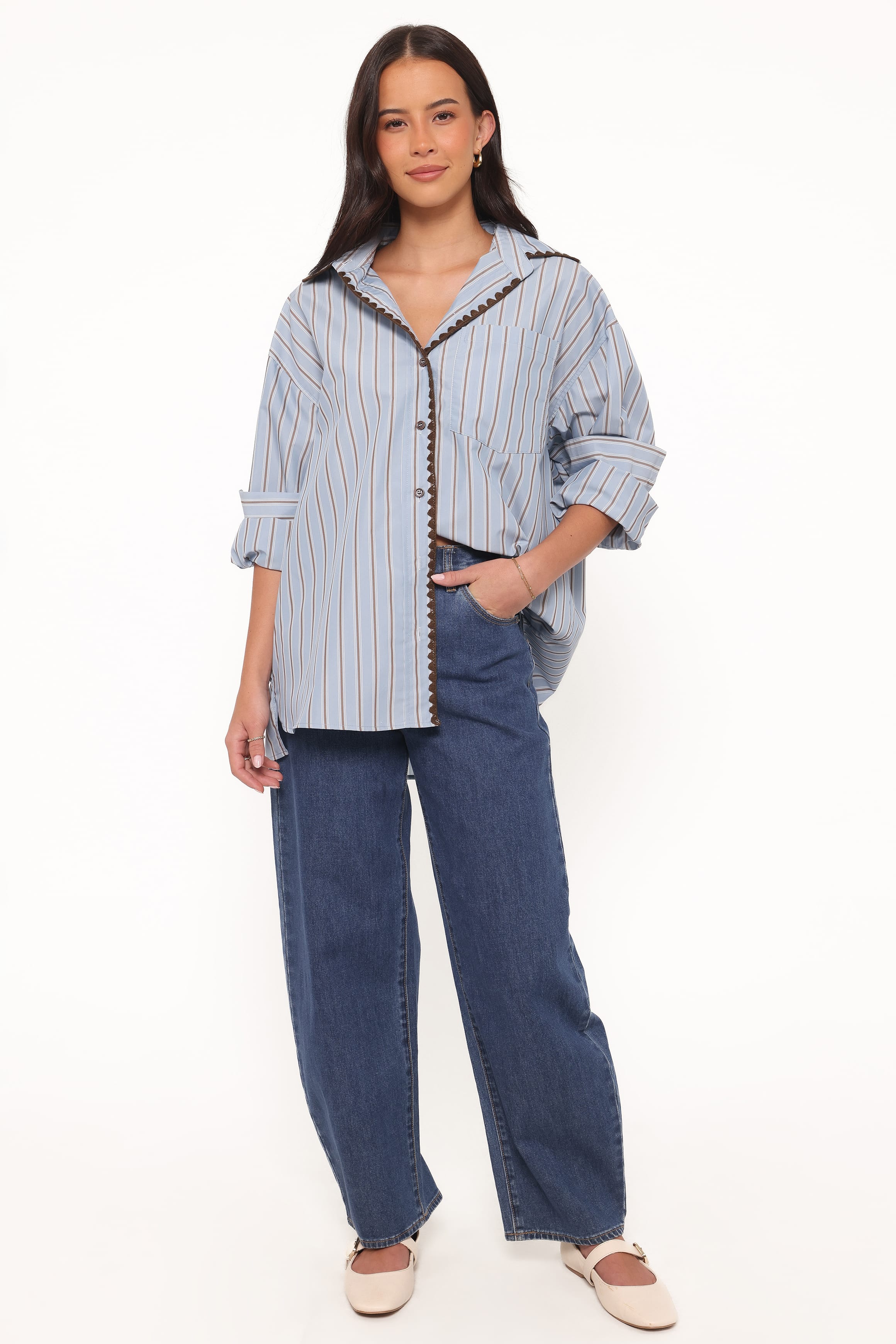 Petal and Pup USA TOPS Mila Button Up Shirt - Blue/Brown Stripe