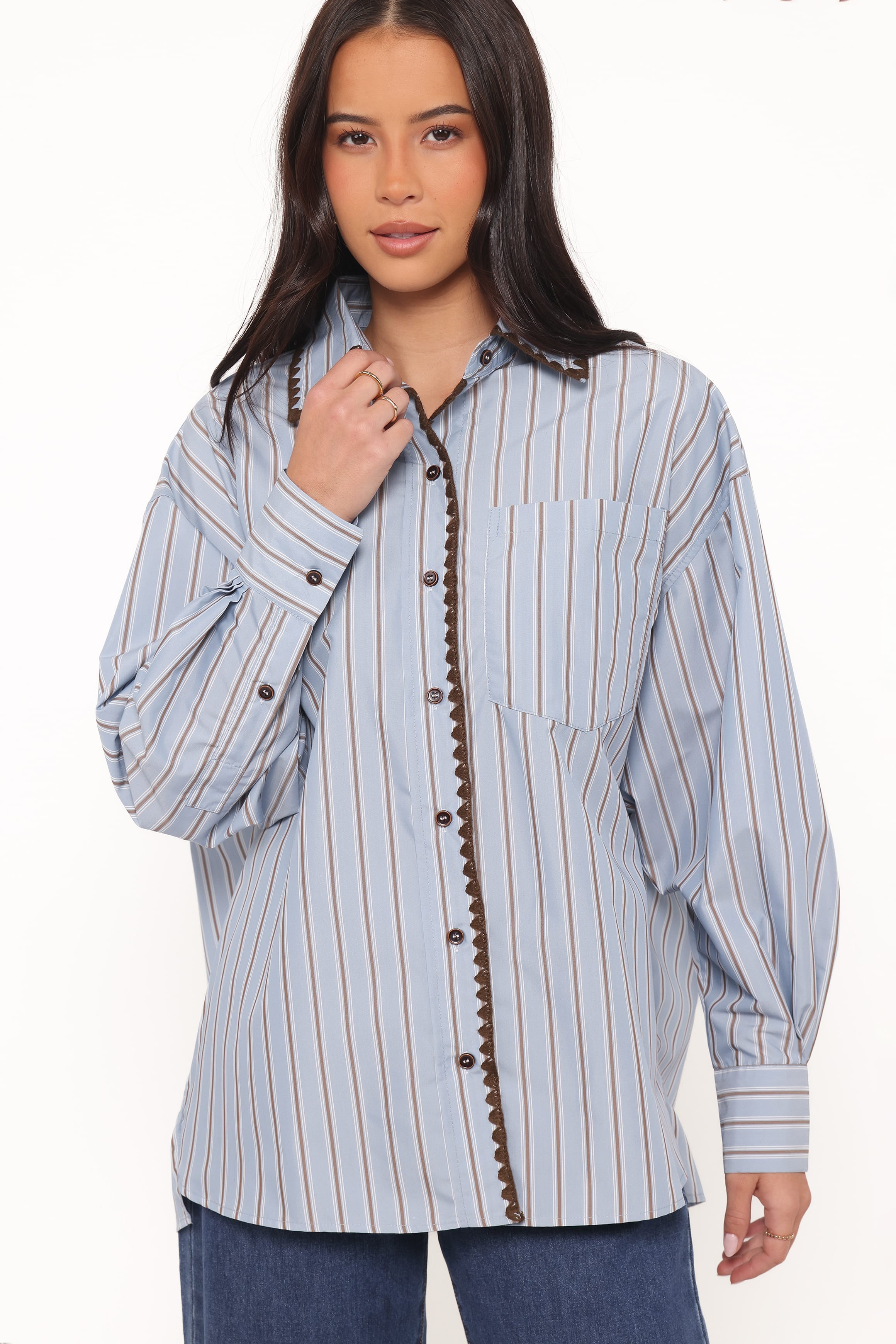 Petal and Pup USA TOPS Mila Button Up Shirt - Blue/Brown Stripe