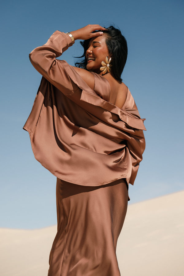Petal and Pup USA TOPS Narissa Satin Shirt - Banksia Brown (Hold for Rack)