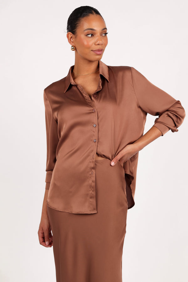 Petal and Pup USA TOPS Narissa Satin Shirt - Banksia Brown (Hold for Rack)