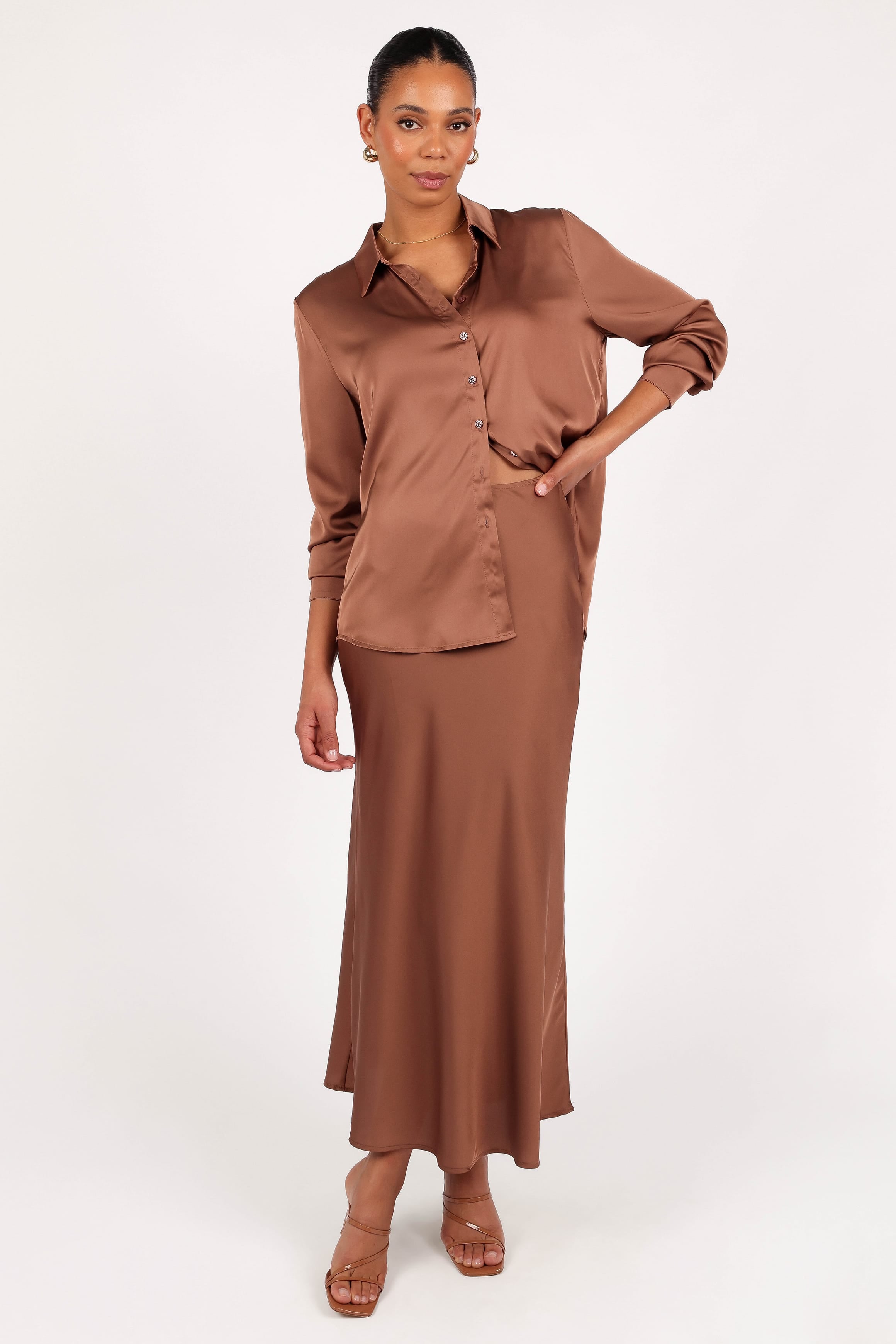 Petal and Pup USA TOPS Narissa Satin Shirt - Banksia Brown (Hold for Rack)