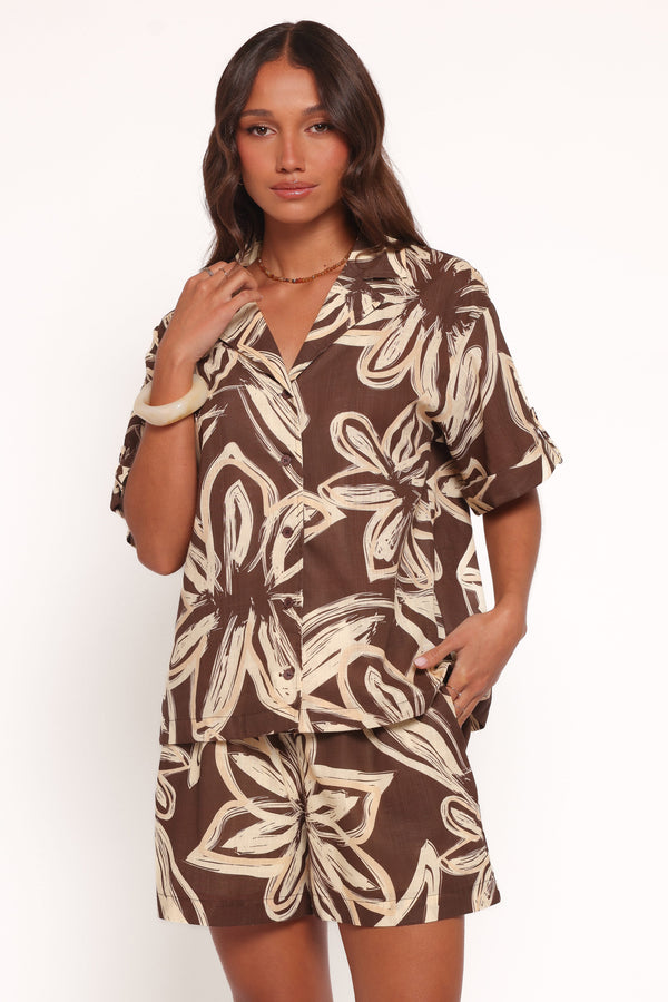 Petal and Pup USA TOPS Pacifica Button Up Shirt - Chocolate Floral (Hold for Amazon)