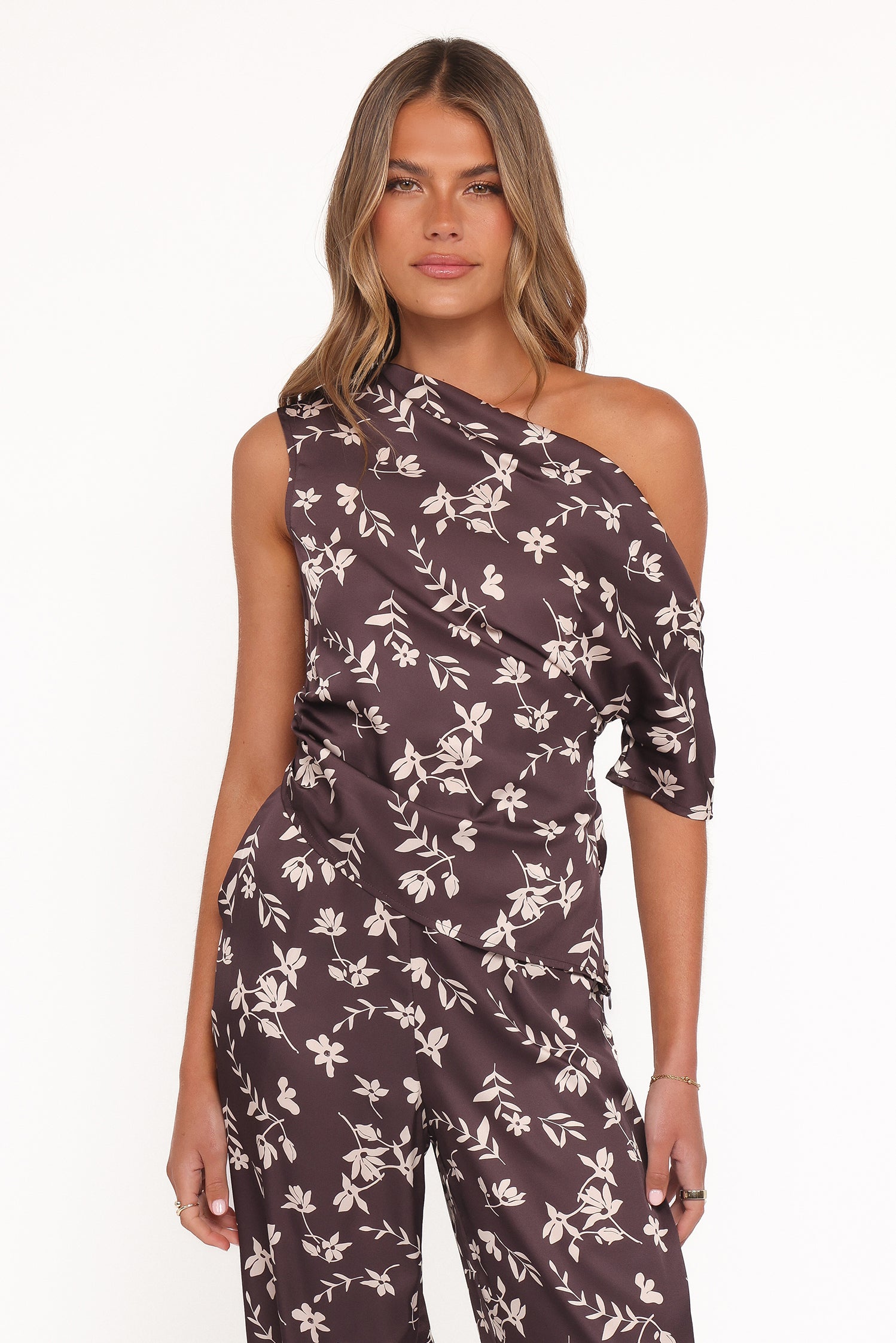 Petal and Pup USA TOPS Romola Off Shoulder Top - Brown Cream Floral
