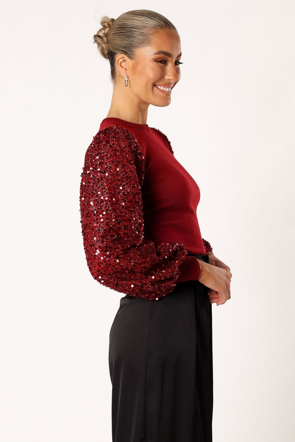 Petal and Pup USA TOPS Rowan Sequin Sleeve Top - Burgundy