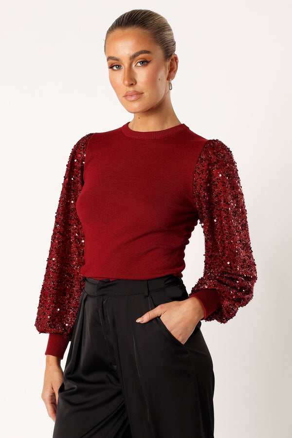 Petal and Pup USA TOPS Rowan Sequin Sleeve Top - Burgundy