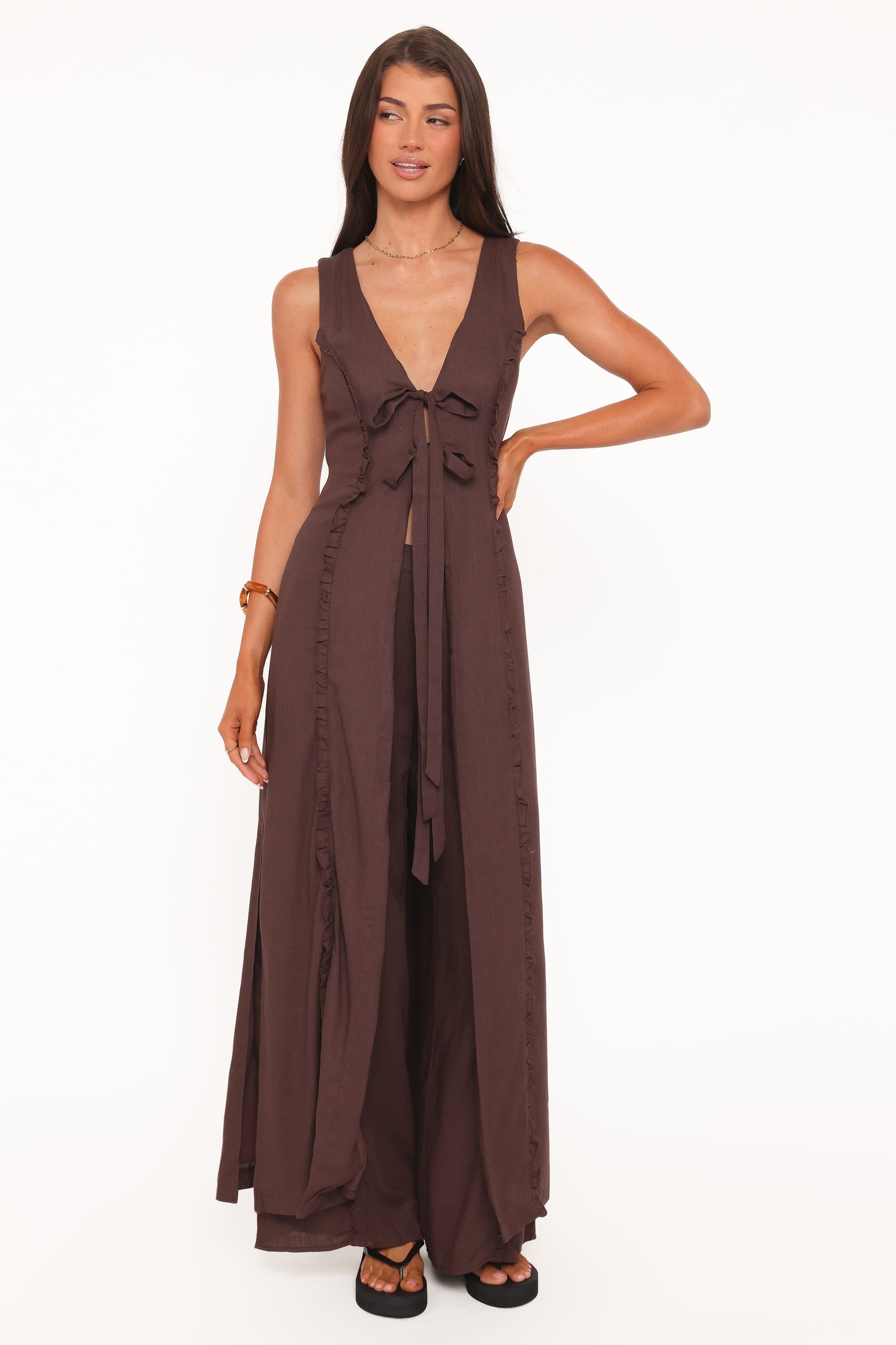 Petal and Pup USA TOPS Sasha Frill Tie Front Top - Dark Brown