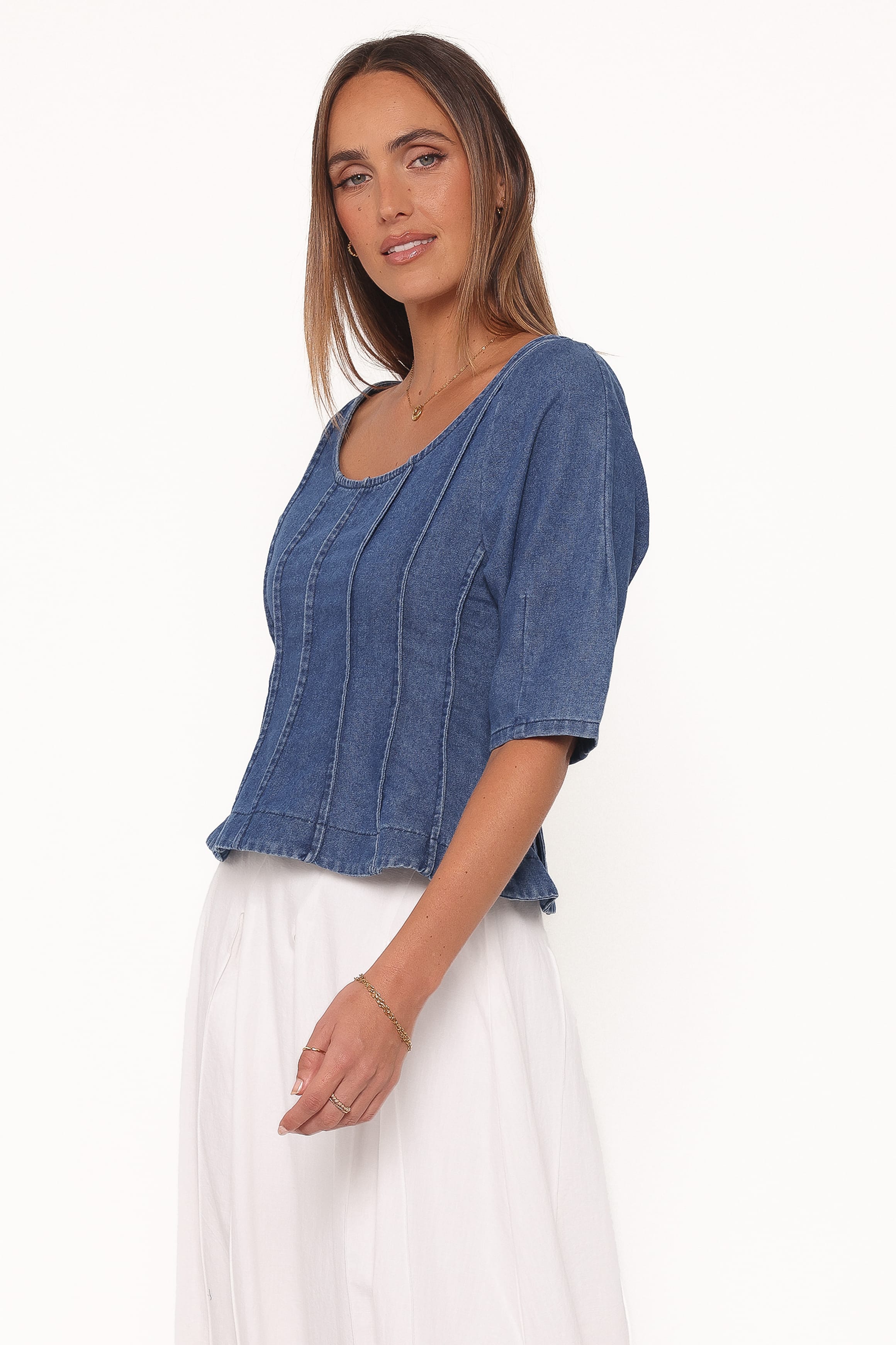 Saylor Denim Peplum Top - Blue Medium Wash | Petal & Pup USA