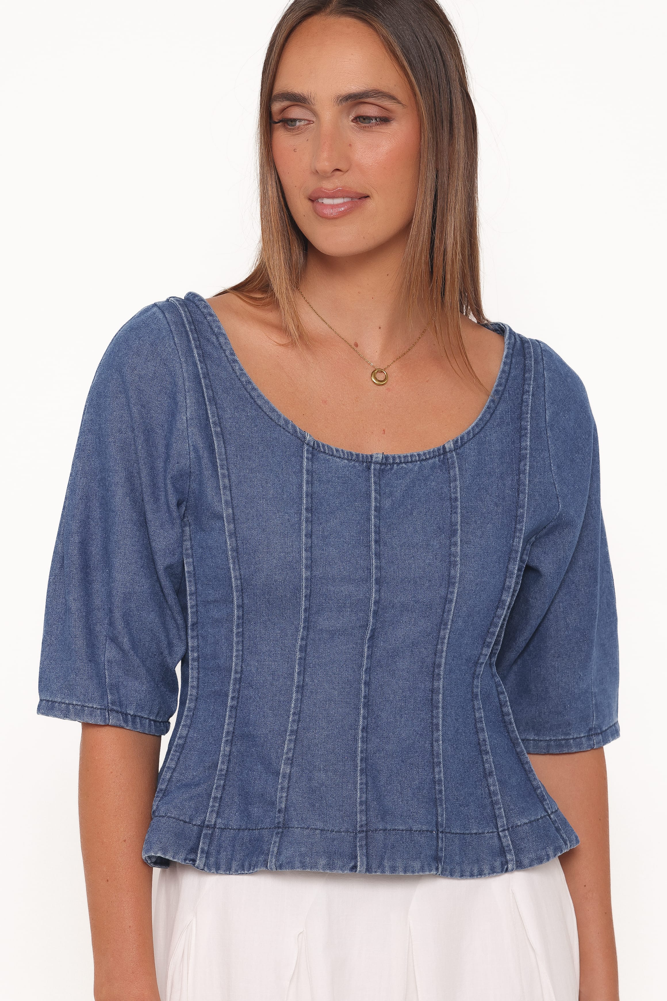 Saylor Denim Peplum Top - Blue Medium Wash | Petal & Pup USA