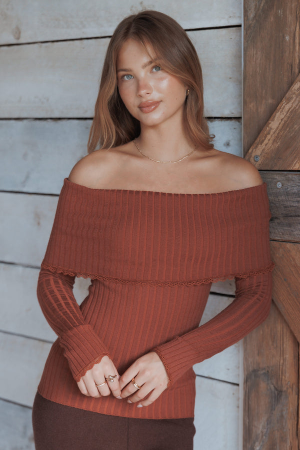Petal and Pup USA TOPS Sirmione Off Shoulder Pointelle Top - Burgundy