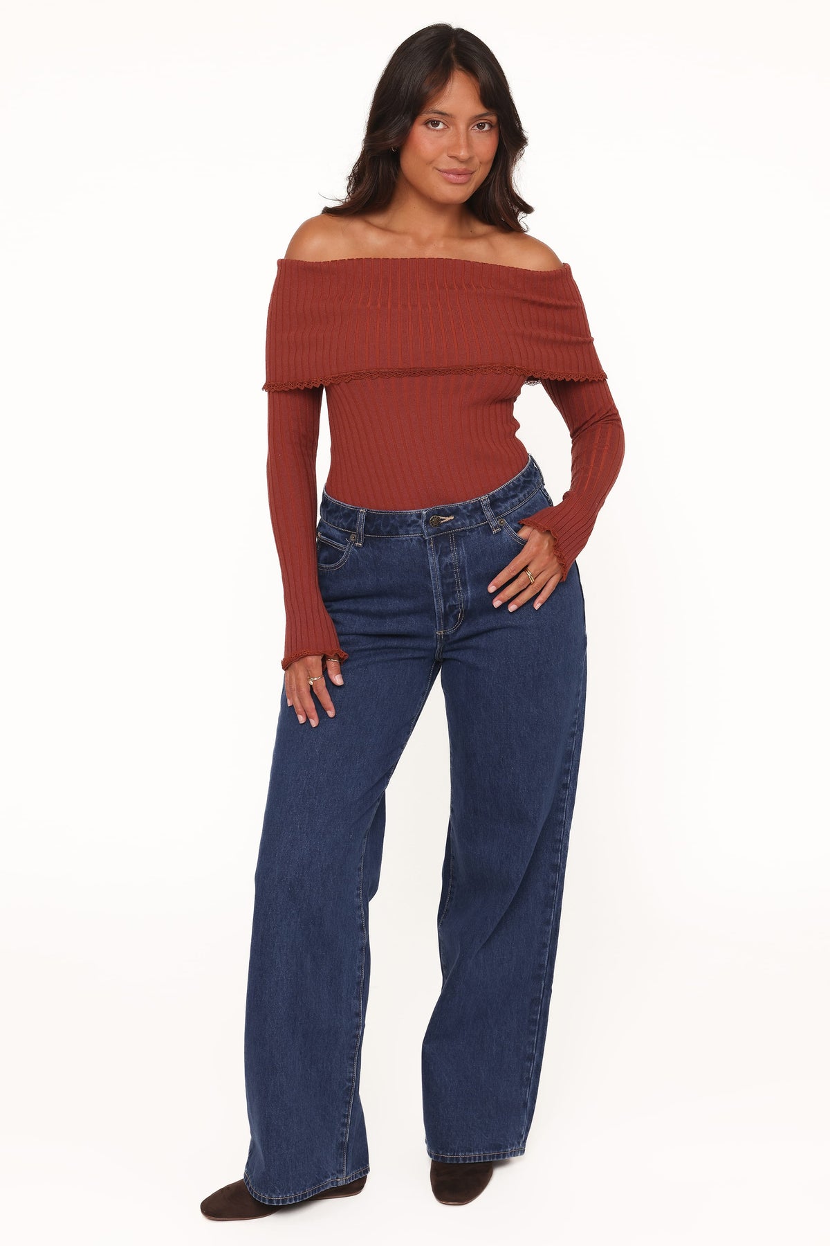 Petal and Pup USA TOPS Sirmione Off Shoulder Pointelle Top - Burgundy