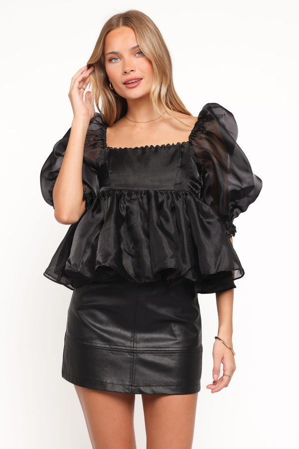Petal and Pup USA TOPS Solenne Puff Sleeve Peplum Organza Top - Black